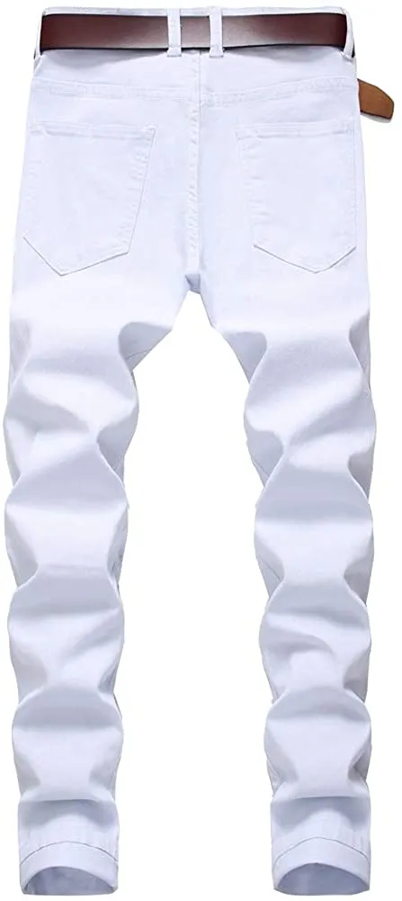 Men's White Ripped Jeans Slim Fit Denim Pants