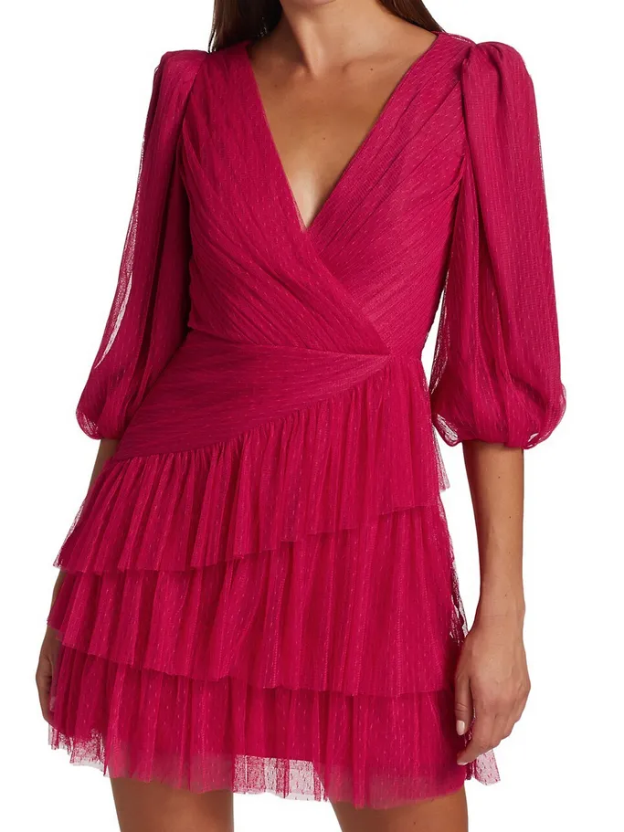 ML Monique Lhuillier V-Neck Tiered Dress