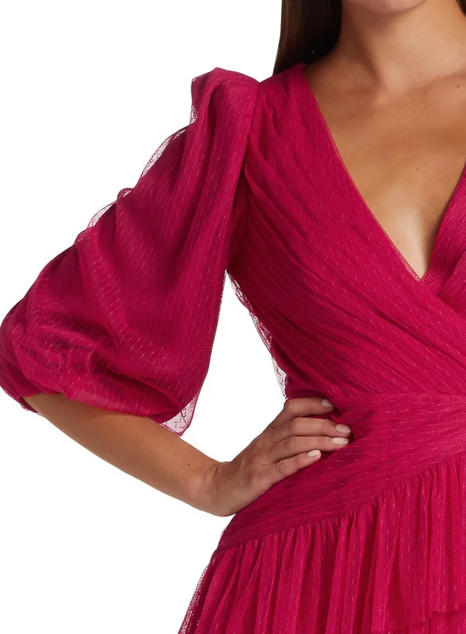 ML Monique Lhuillier V-Neck Tiered Dress