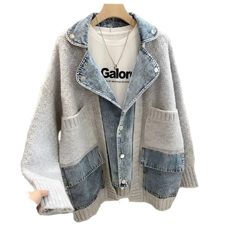 New Autumn/Winter Women's Spliced Denim Jacket – Long Sleeve Jean Cardigan with Loose Fit for Stylish Comfort