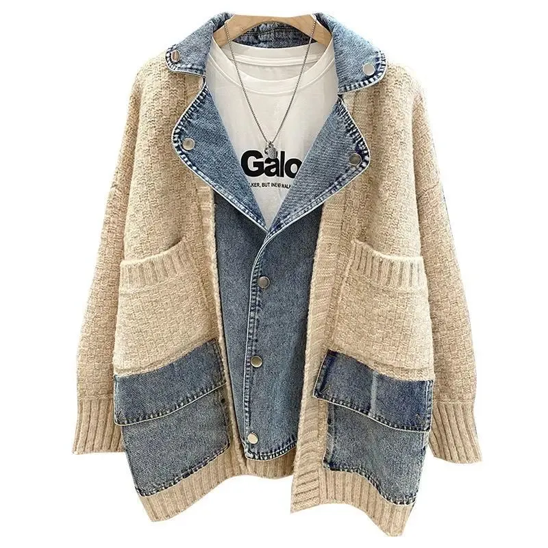 New Autumn/Winter Women's Spliced Denim Jacket – Long Sleeve Jean Cardigan with Loose Fit for Stylish Comfort