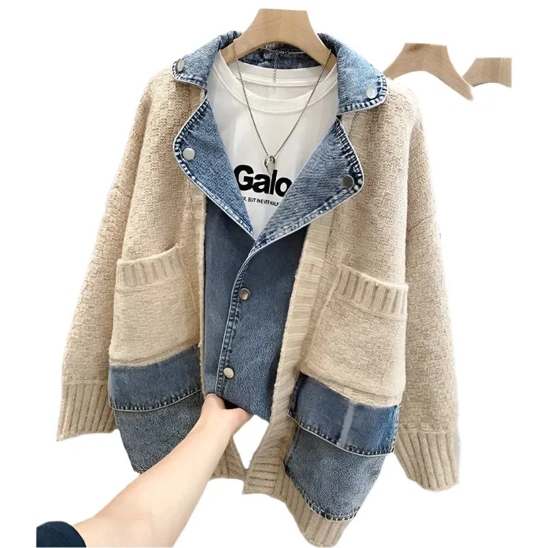 New Autumn/Winter Women's Spliced Denim Jacket – Long Sleeve Jean Cardigan with Loose Fit for Stylish Comfort
