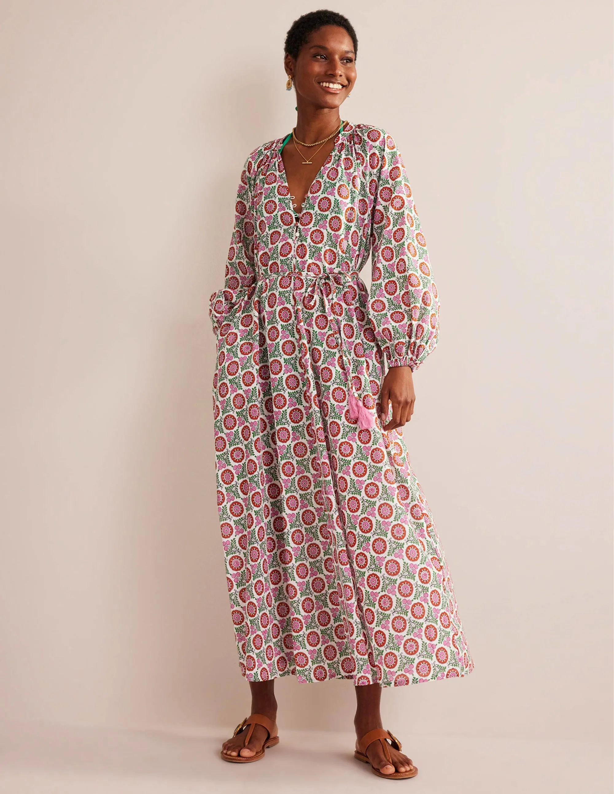 Notch-Neck Cotton Maxi Dress-Gin Fizz, Sunflower Sprig