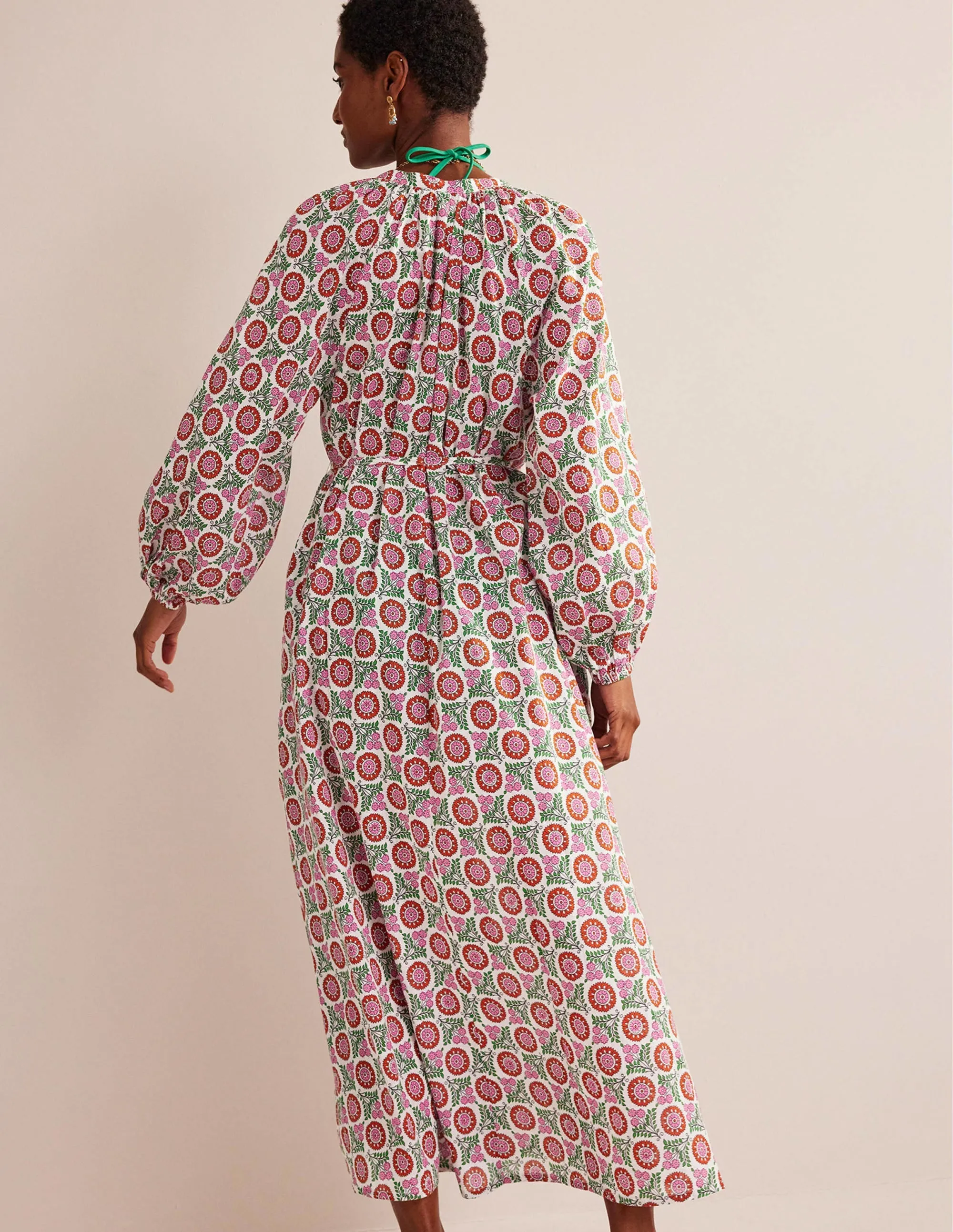 Notch-Neck Cotton Maxi Dress-Gin Fizz, Sunflower Sprig