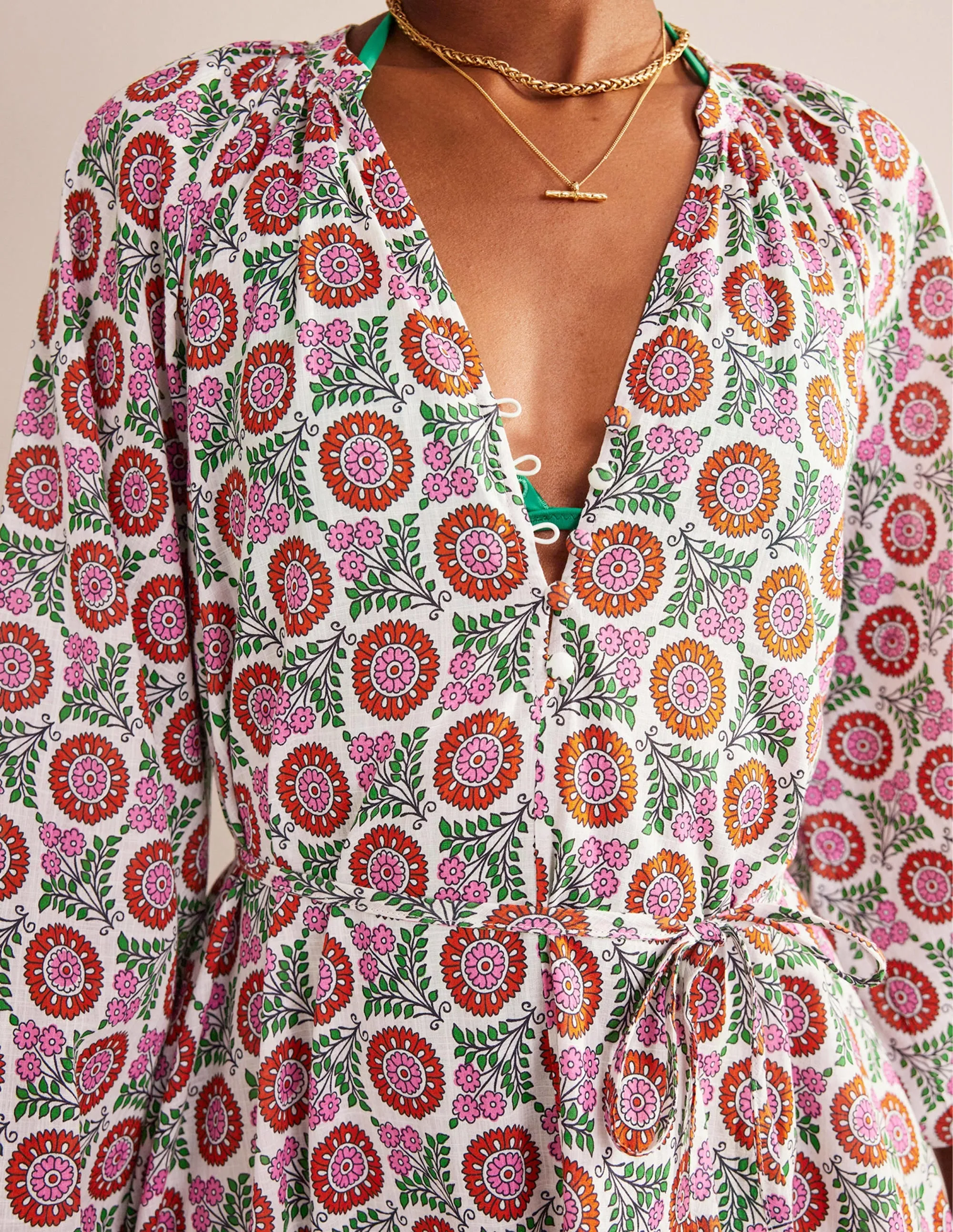 Notch-Neck Cotton Maxi Dress-Gin Fizz, Sunflower Sprig