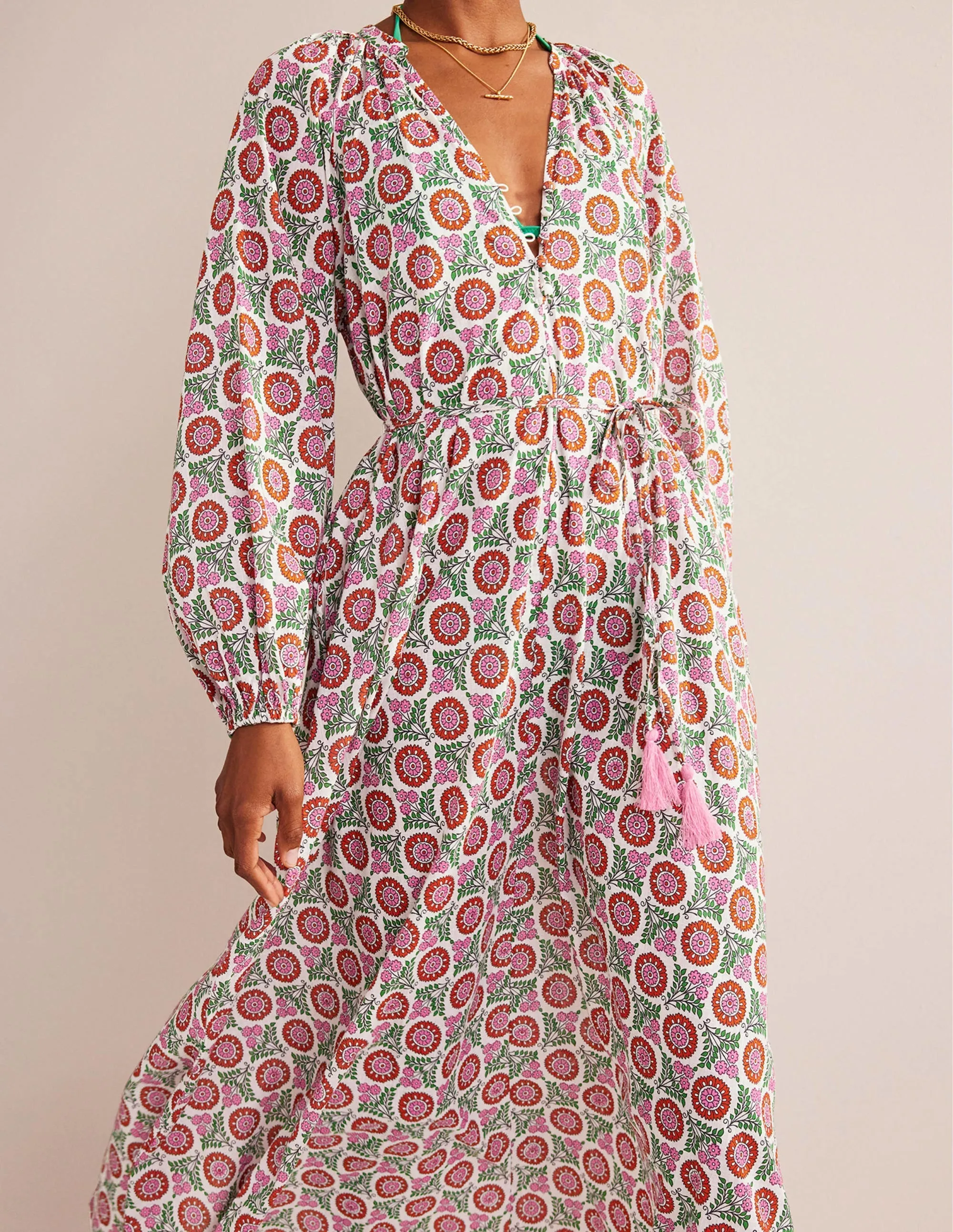 Notch-Neck Cotton Maxi Dress-Gin Fizz, Sunflower Sprig