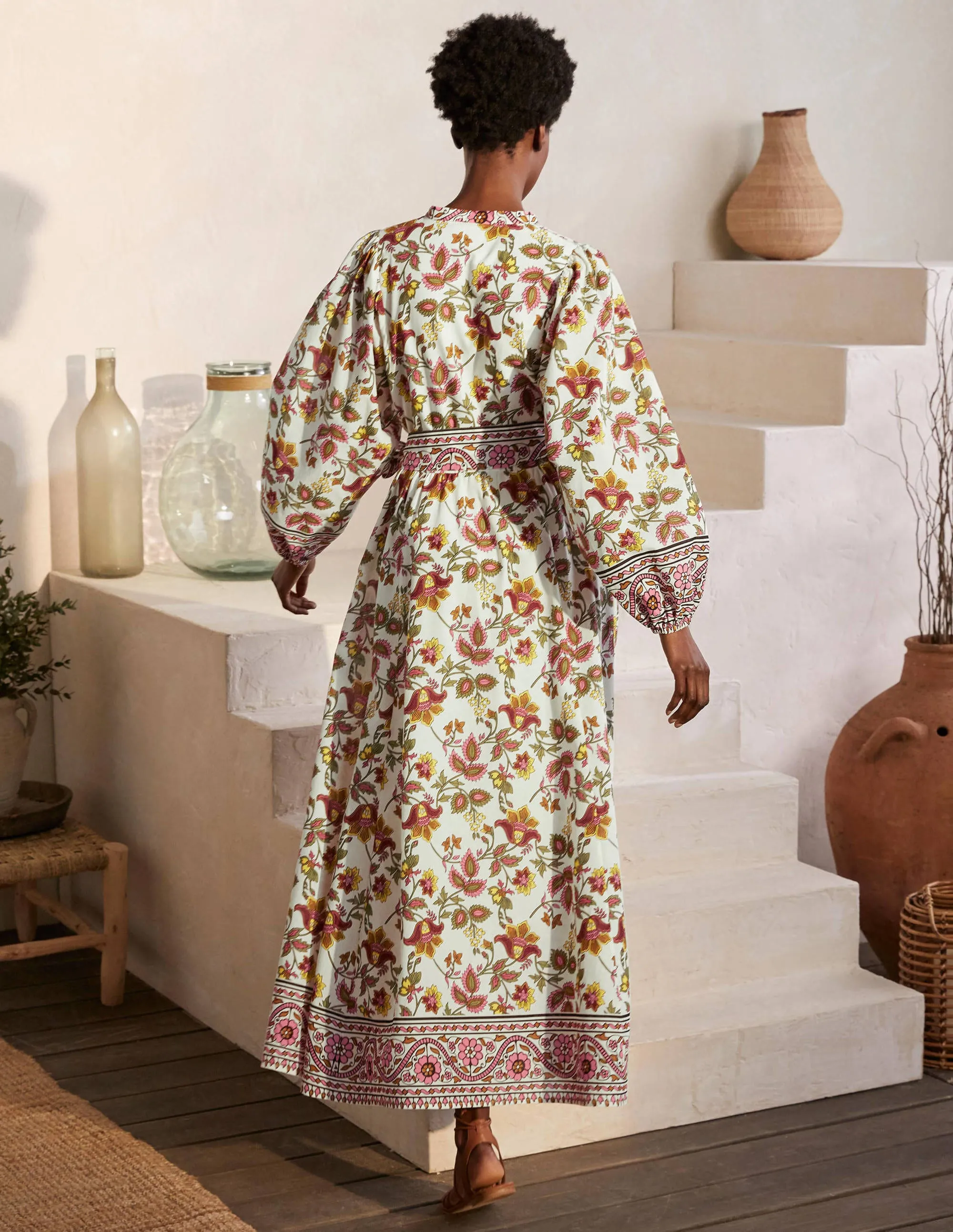 Notch Neck Cotton Maxi Dress-Ivory, Summer Chintz