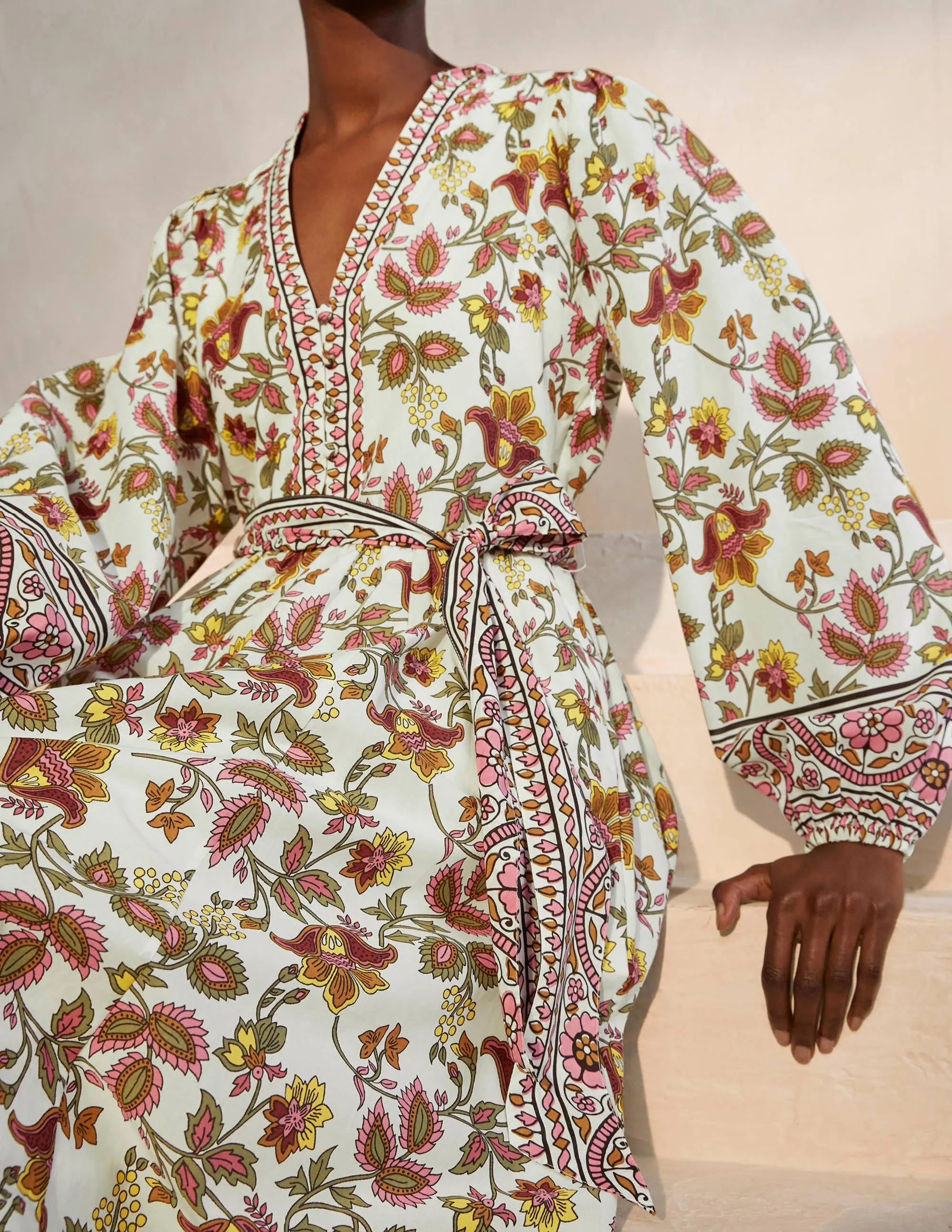 Notch Neck Cotton Maxi Dress-Ivory, Summer Chintz
