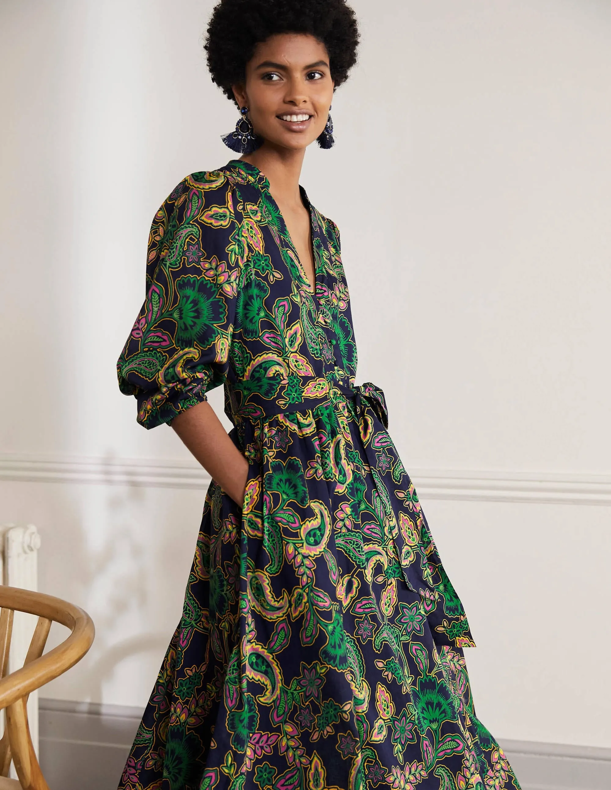 Notch Neck Cotton Maxi Dress-Navy, Exotic Floral