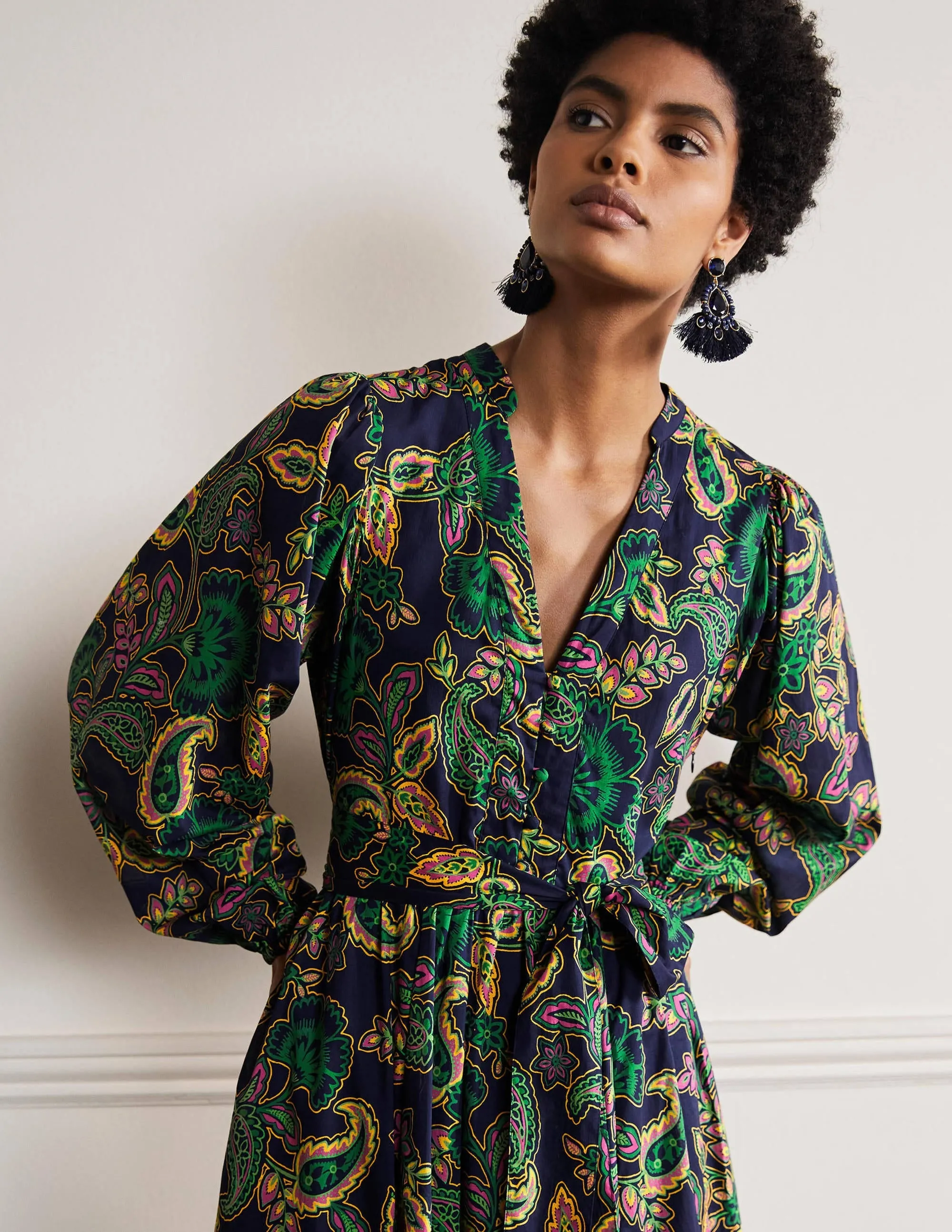 Notch Neck Cotton Maxi Dress-Navy, Exotic Floral