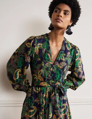 Notch Neck Cotton Maxi Dress-Navy, Exotic Floral