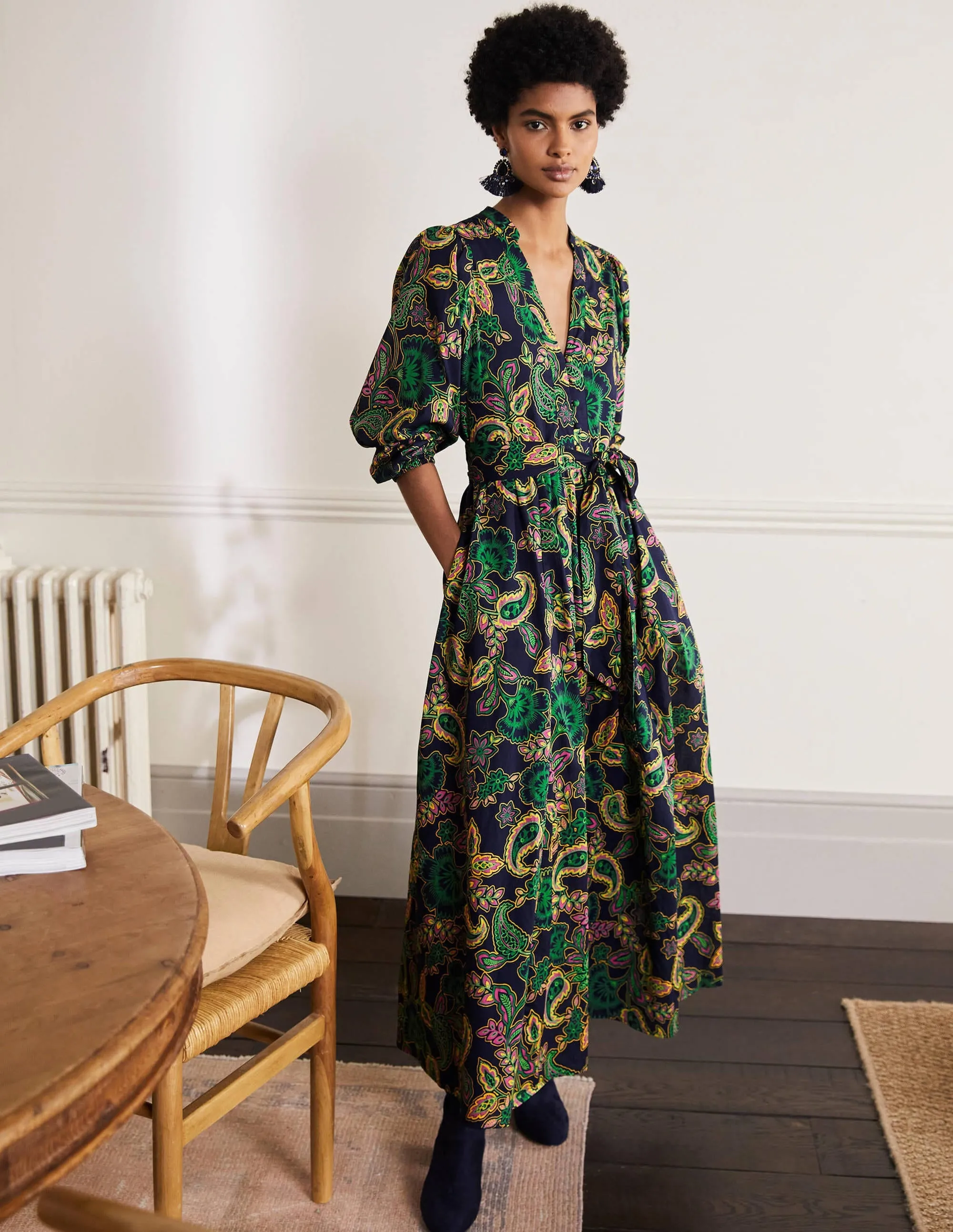 Notch Neck Cotton Maxi Dress-Navy, Exotic Floral