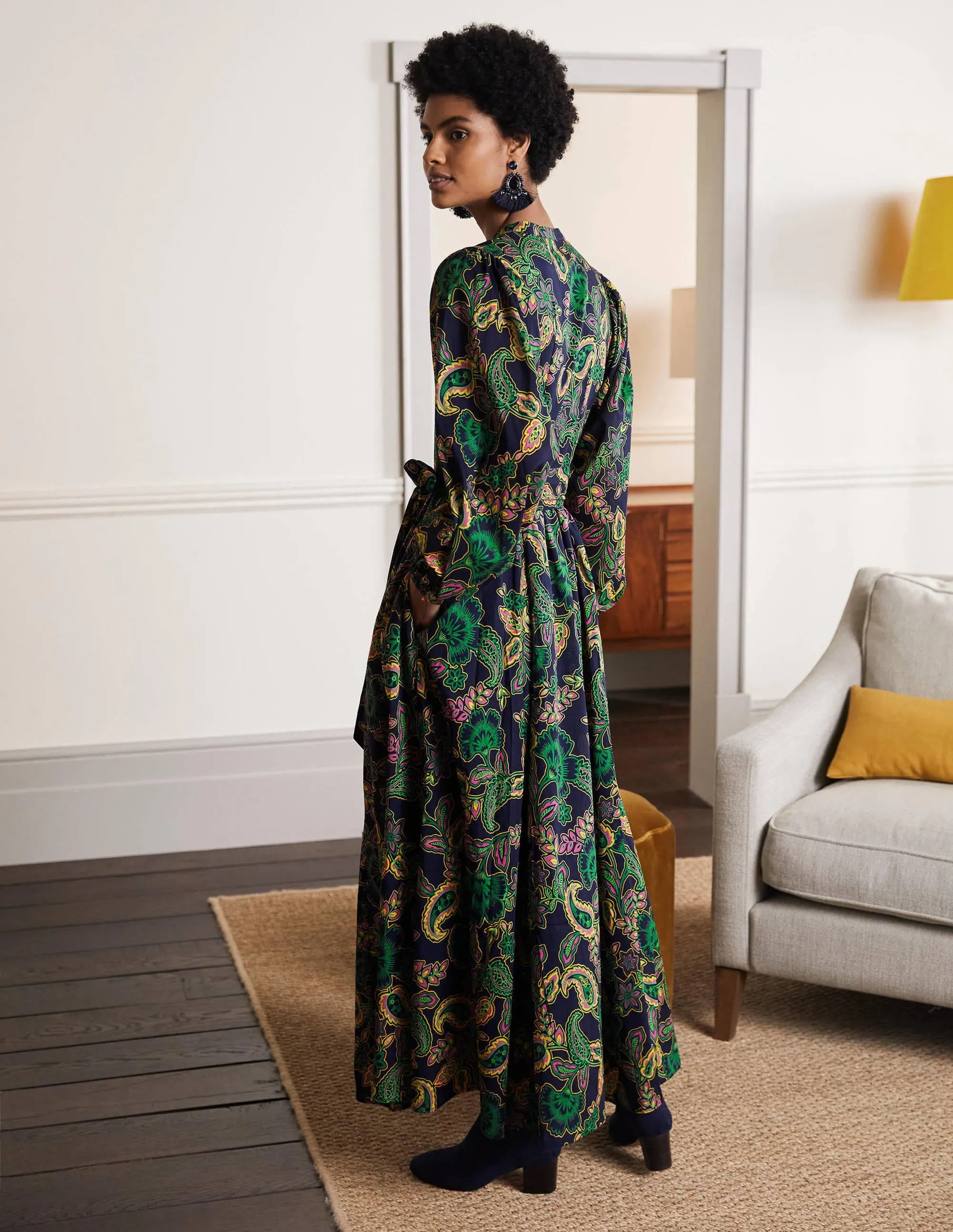 Notch Neck Cotton Maxi Dress-Navy, Exotic Floral