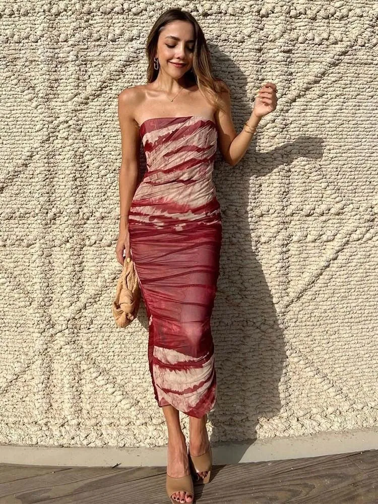 Off Shoulder Printed Tulle Maxi Dress Women Sexy Backless Sleeveless Dresses Chic Pleated Streetewear Ladies Vestidos