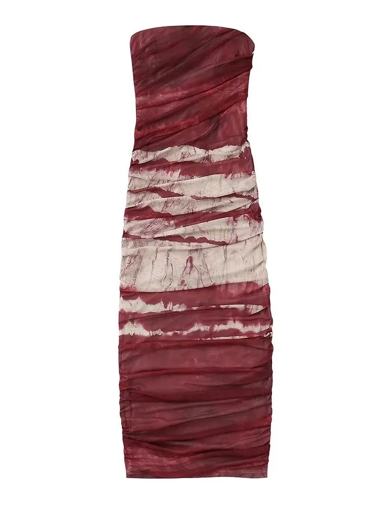 Off Shoulder Printed Tulle Maxi Dress Women Sexy Backless Sleeveless Dresses Chic Pleated Streetewear Ladies Vestidos