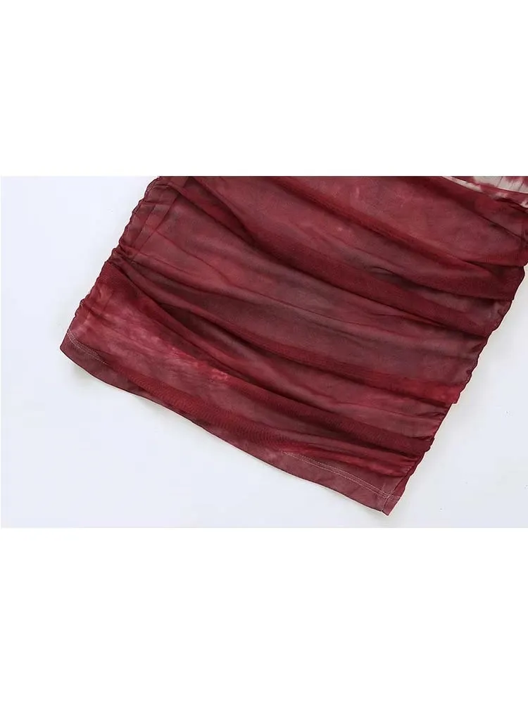 Off Shoulder Printed Tulle Maxi Dress Women Sexy Backless Sleeveless Dresses Chic Pleated Streetewear Ladies Vestidos
