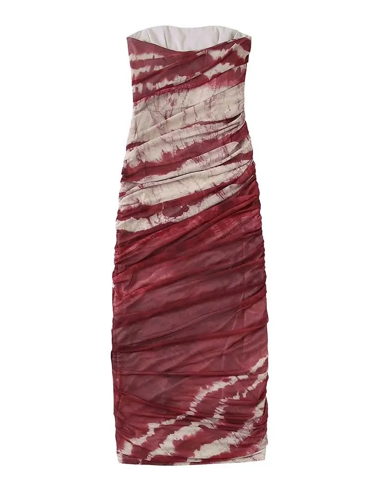 Off Shoulder Printed Tulle Maxi Dress Women Sexy Backless Sleeveless Dresses Chic Pleated Streetewear Ladies Vestidos