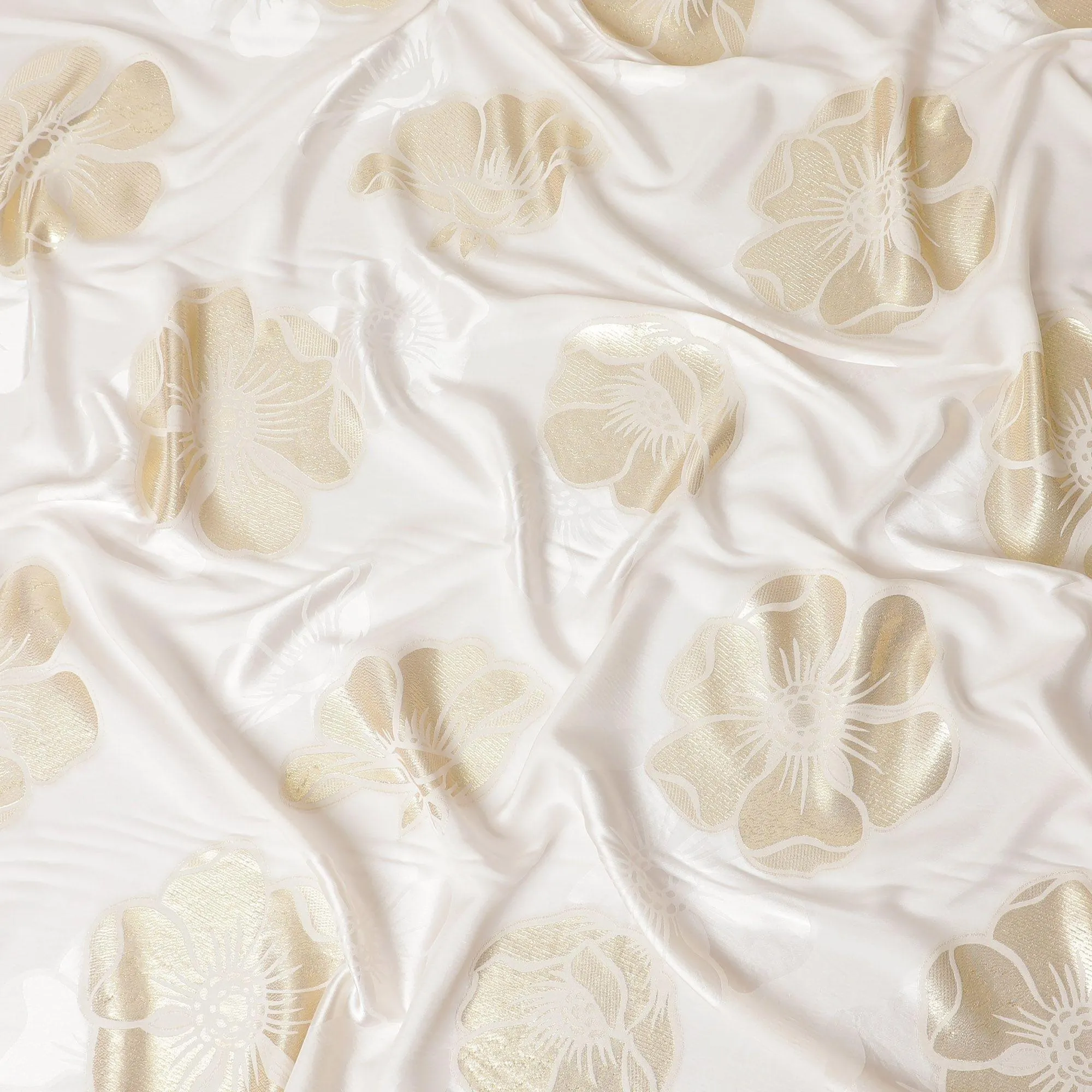 Off white premium pure silk crepe fabric with gold metallic lurex in floral design-D13707