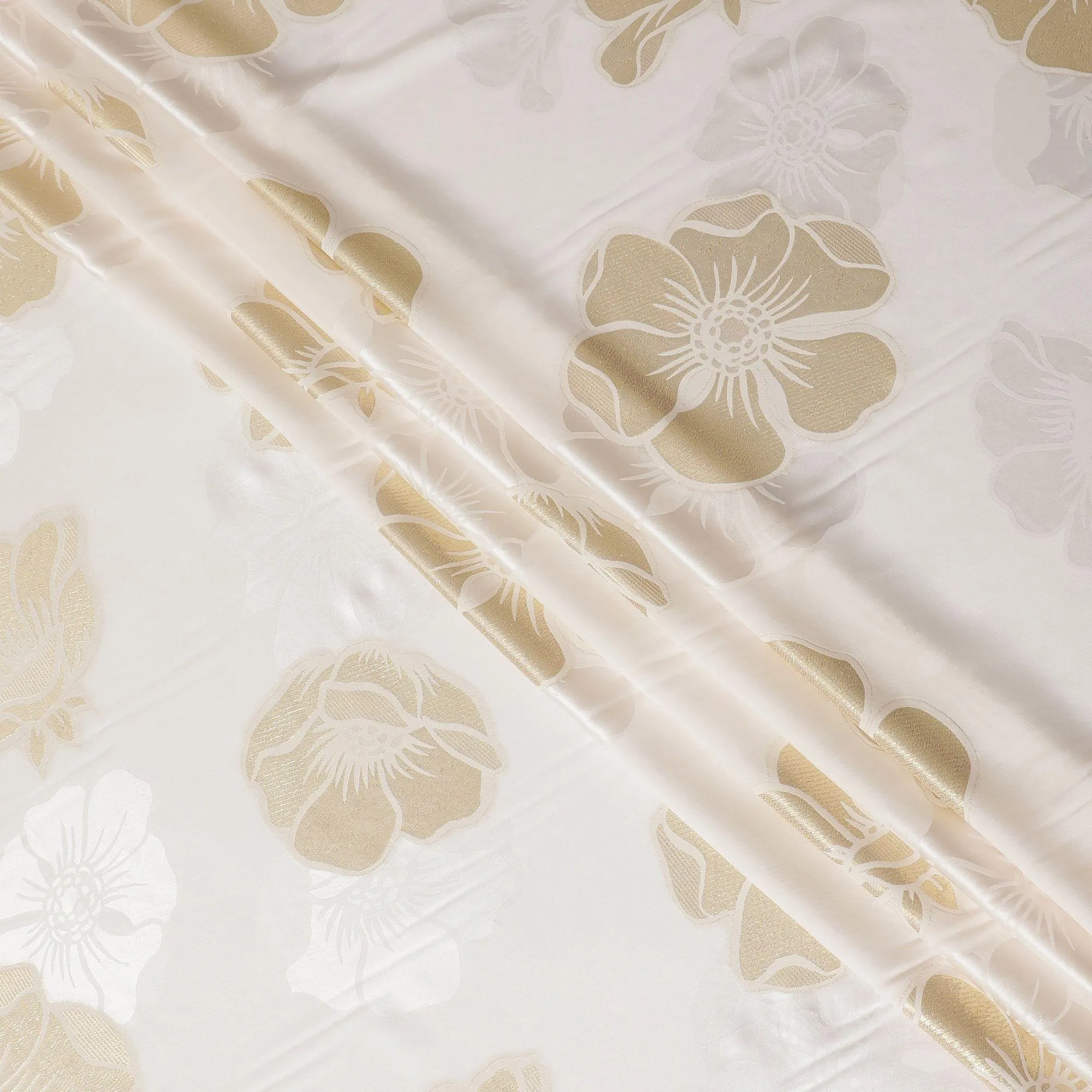Off white premium pure silk crepe fabric with gold metallic lurex in floral design-D13707