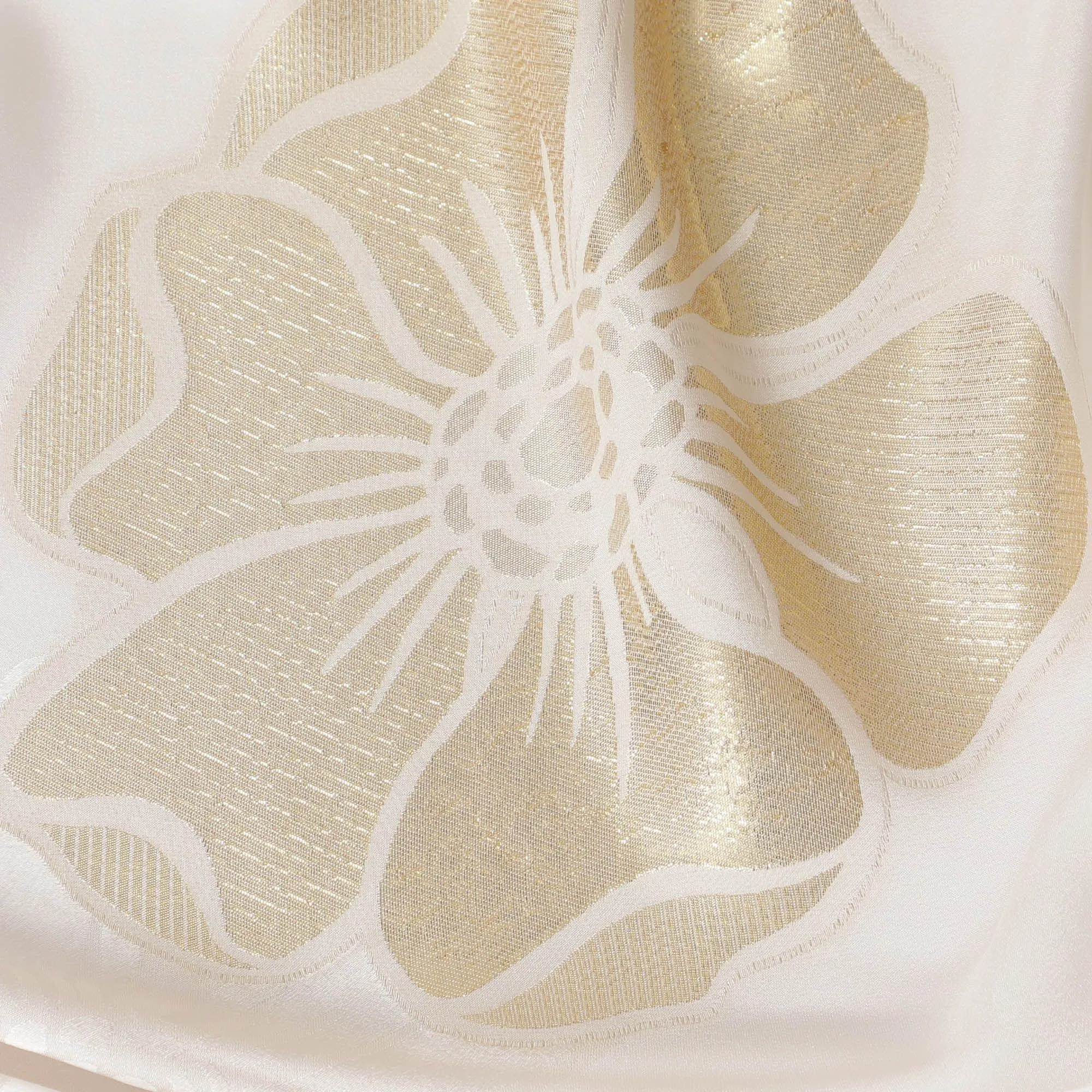 Off white premium pure silk crepe fabric with gold metallic lurex in floral design-D13707