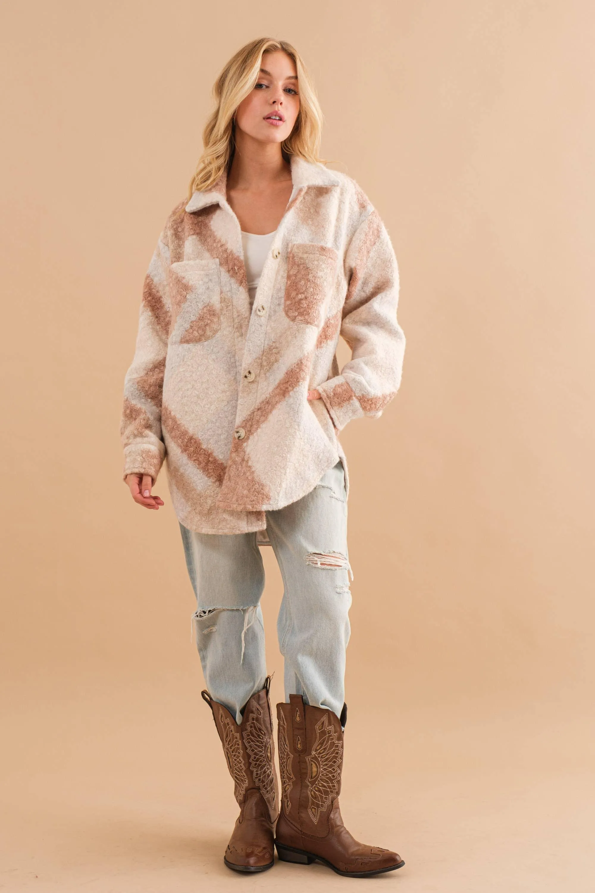 Oversized Teddy Marbled Button Up Coat Jacket