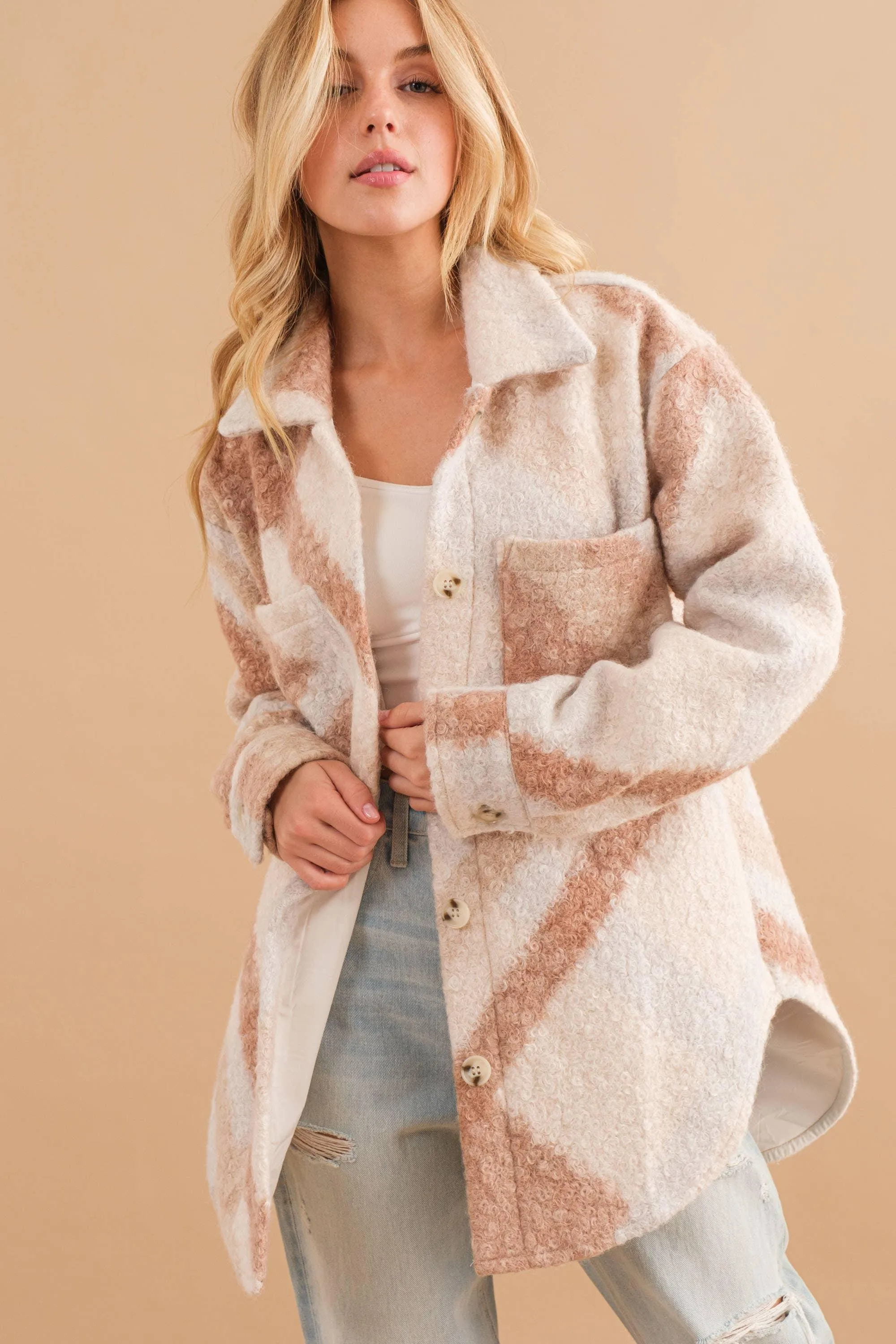 Oversized Teddy Marbled Button Up Coat Jacket