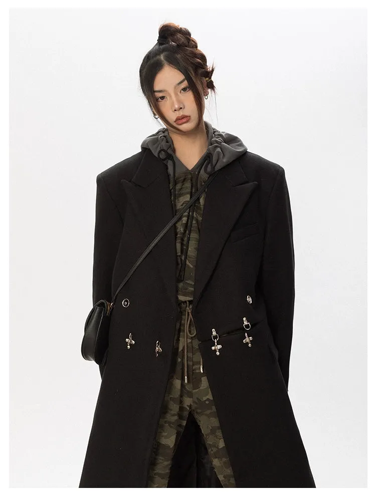 Oversized Wool Long Coat with Charm Details