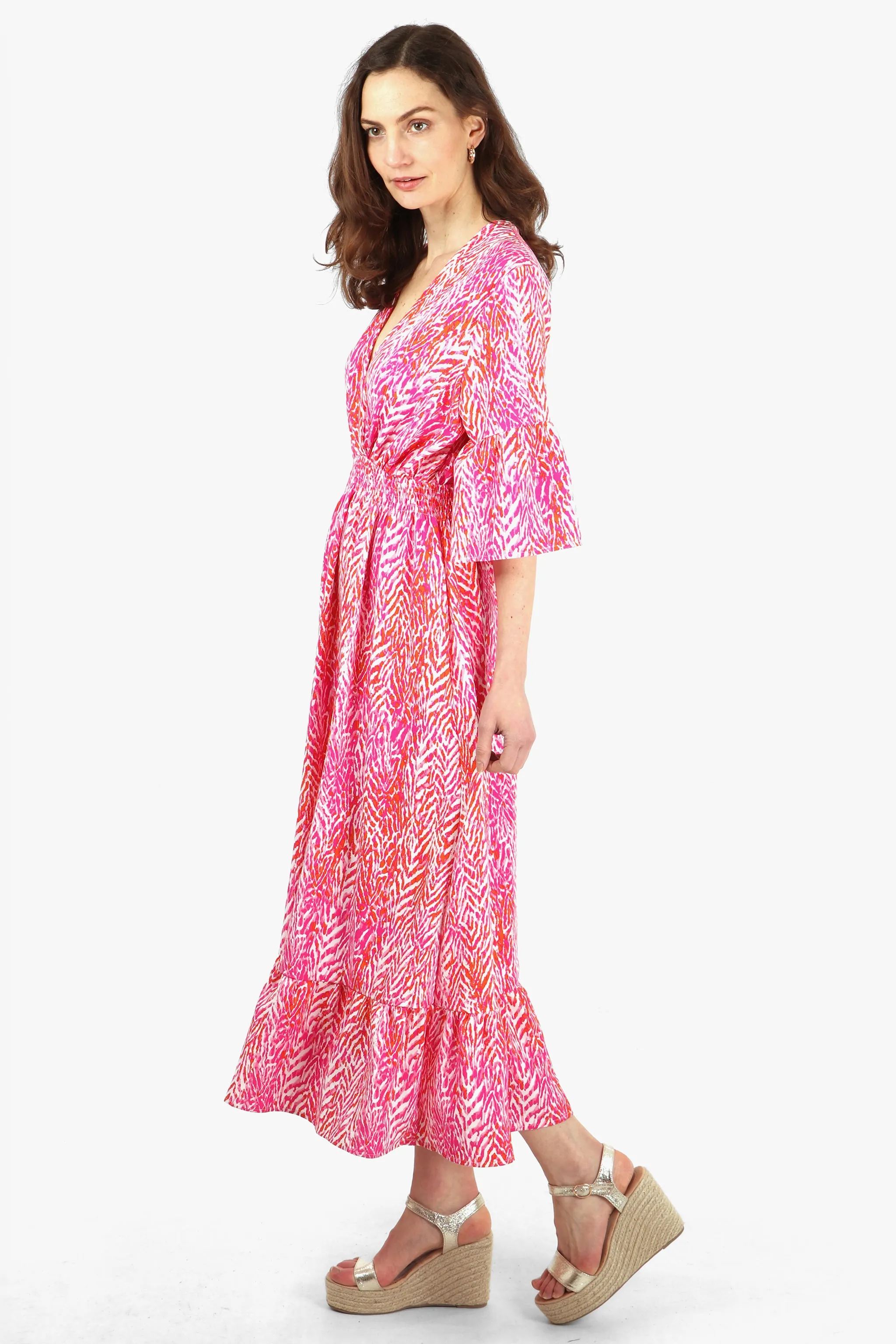 Painted Chevron Print V-Neck Shirred Maxi Dress with Fluted Sleeves in Fuchsia