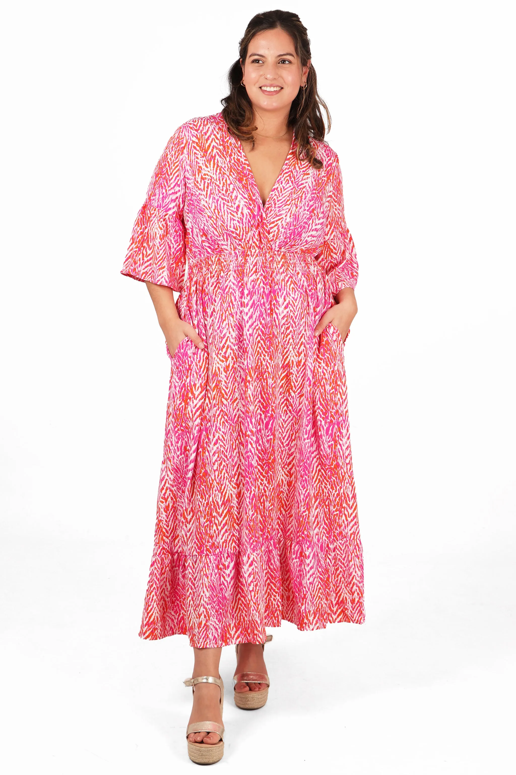 Painted Chevron Print V-Neck Shirred Maxi Dress with Fluted Sleeves in Fuchsia