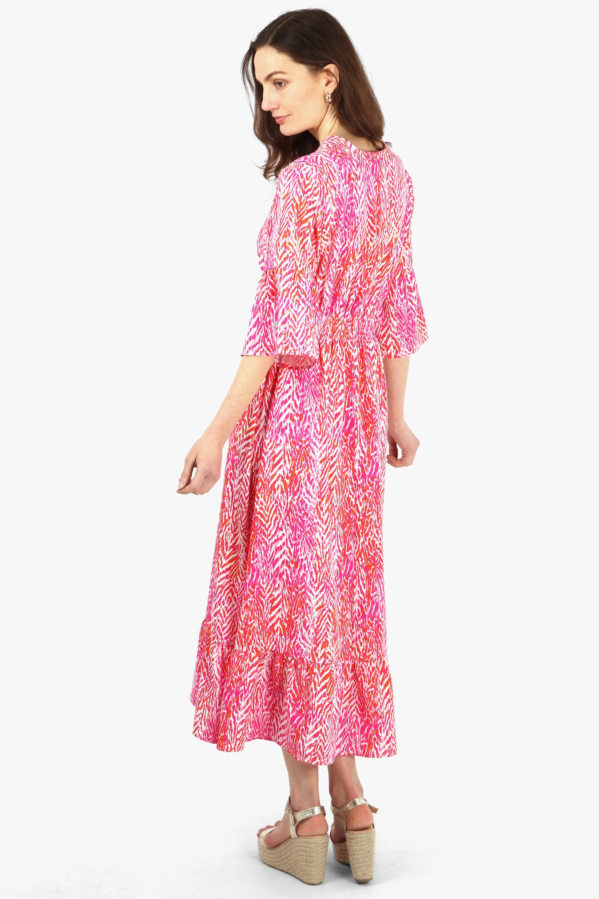 Painted Chevron Print V-Neck Shirred Maxi Dress with Fluted Sleeves in Fuchsia