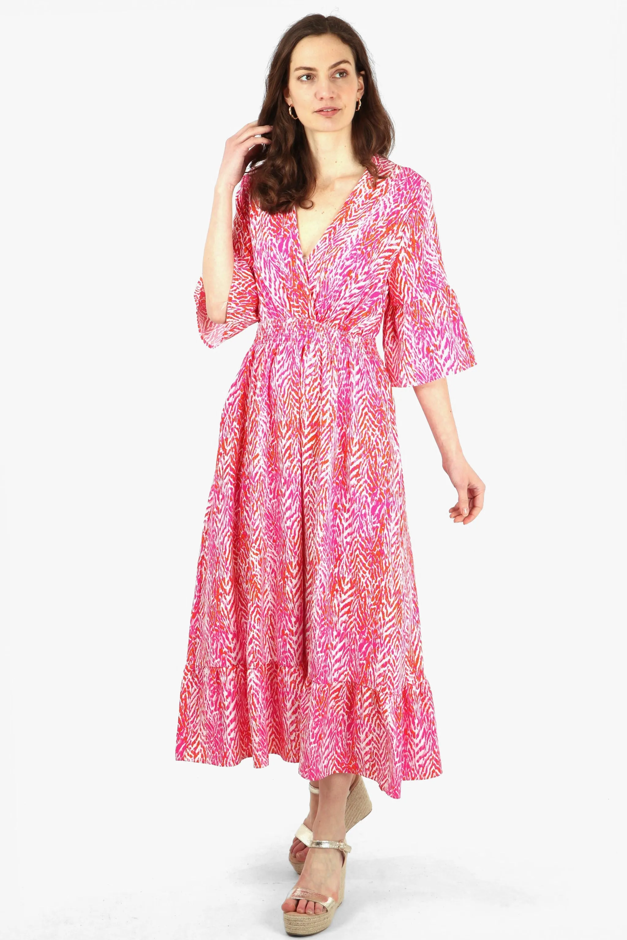 Painted Chevron Print V-Neck Shirred Maxi Dress with Fluted Sleeves in Fuchsia