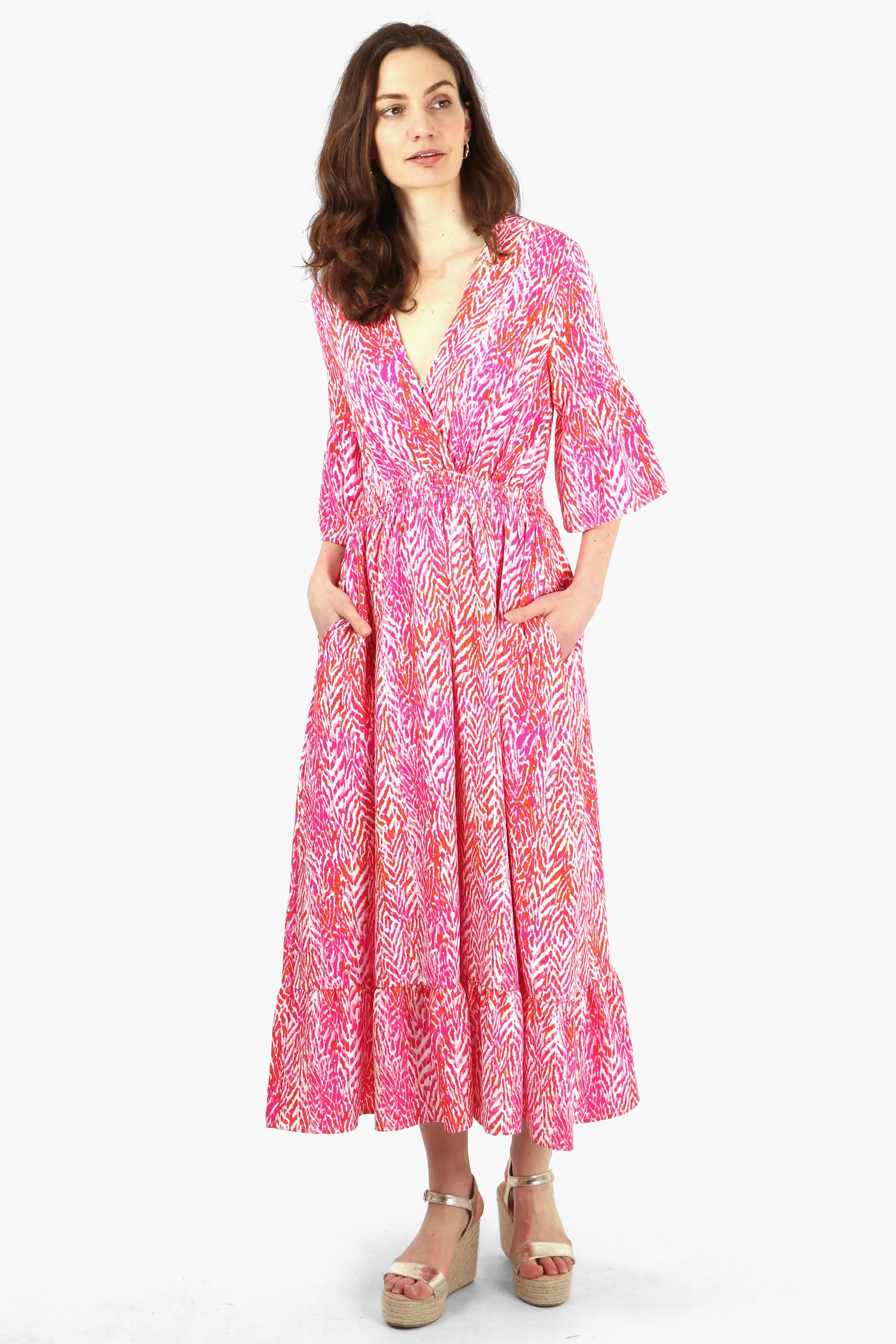 Painted Chevron Print V-Neck Shirred Maxi Dress with Fluted Sleeves in Fuchsia
