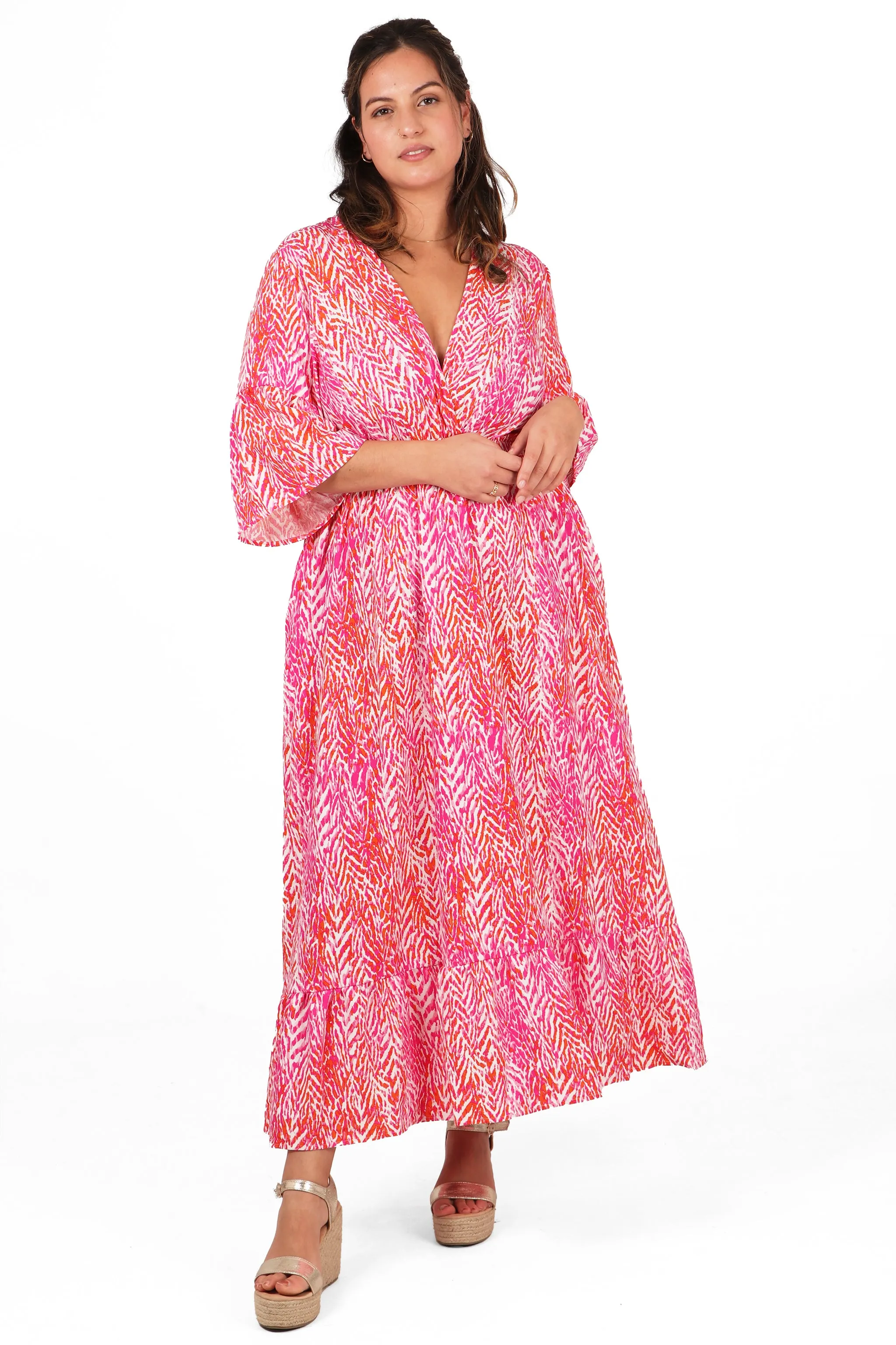 Painted Chevron Print V-Neck Shirred Maxi Dress with Fluted Sleeves in Fuchsia
