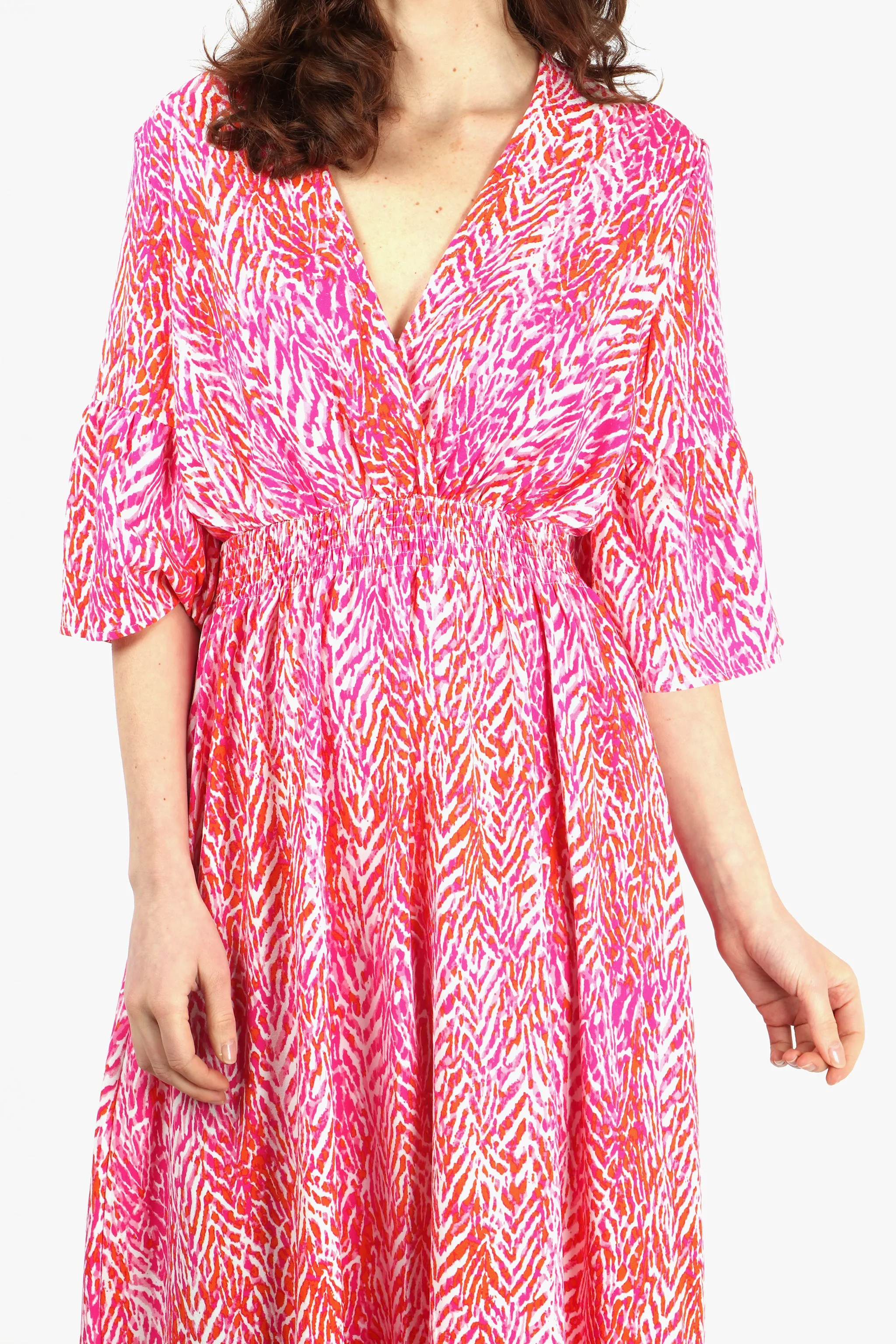 Painted Chevron Print V-Neck Shirred Maxi Dress with Fluted Sleeves in Fuchsia
