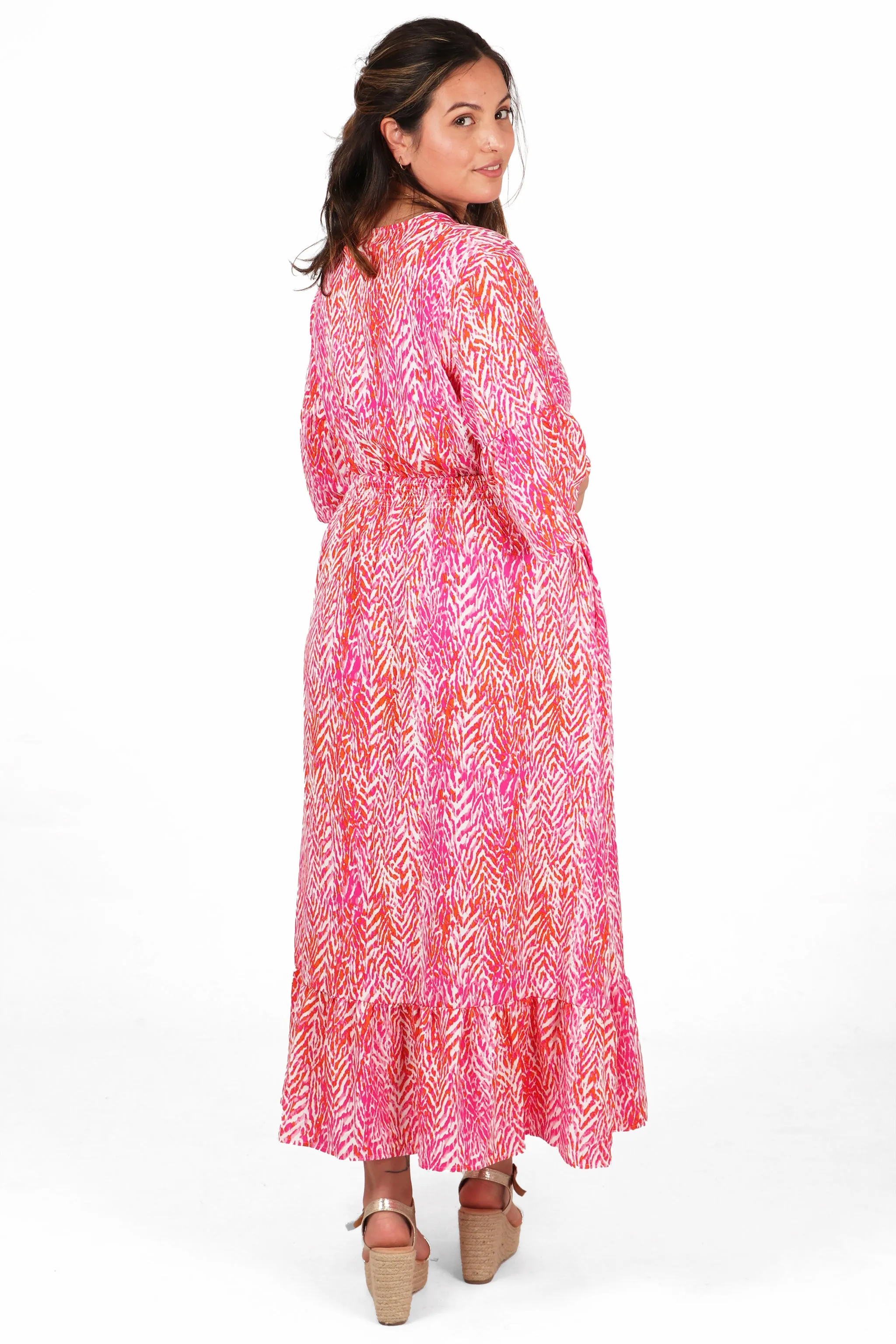 Painted Chevron Print V-Neck Shirred Maxi Dress with Fluted Sleeves in Fuchsia