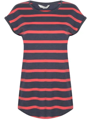 Pearl Striped Longline Tunic T-Shirt In Eclipse Blue Marl / Coral - Amara Reya