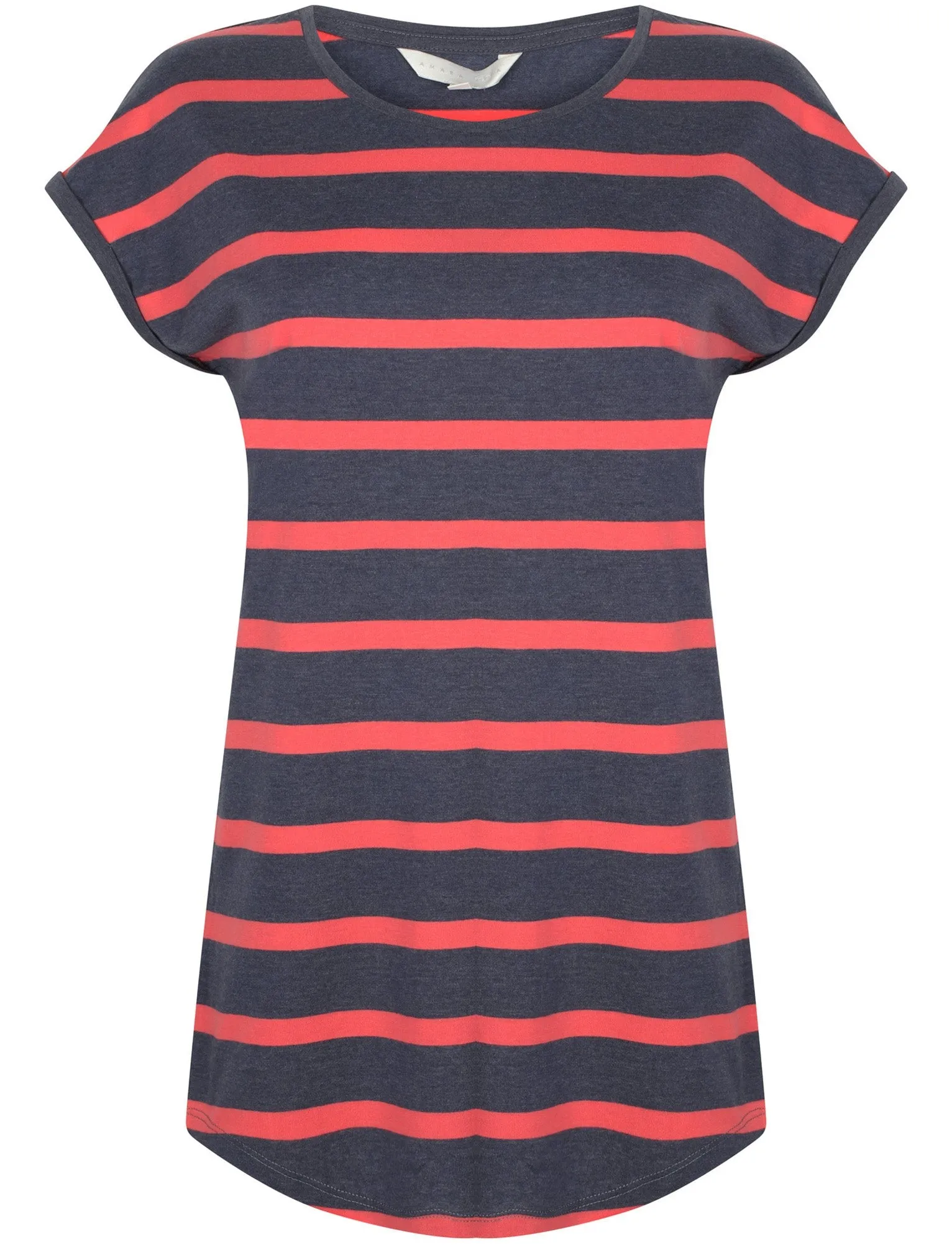 Pearl Striped Longline Tunic T-Shirt In Eclipse Blue Marl / Coral - Amara Reya
