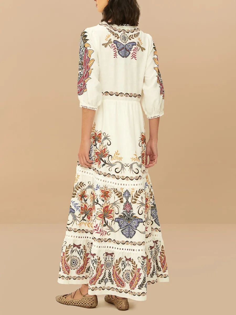 Printed V Neck Tie Up Maxi Dress