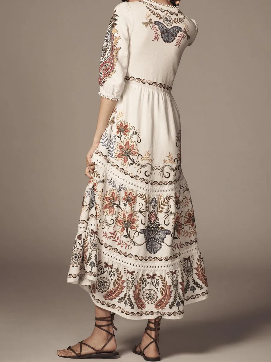 Printed V Neck Tie Up Maxi Dress