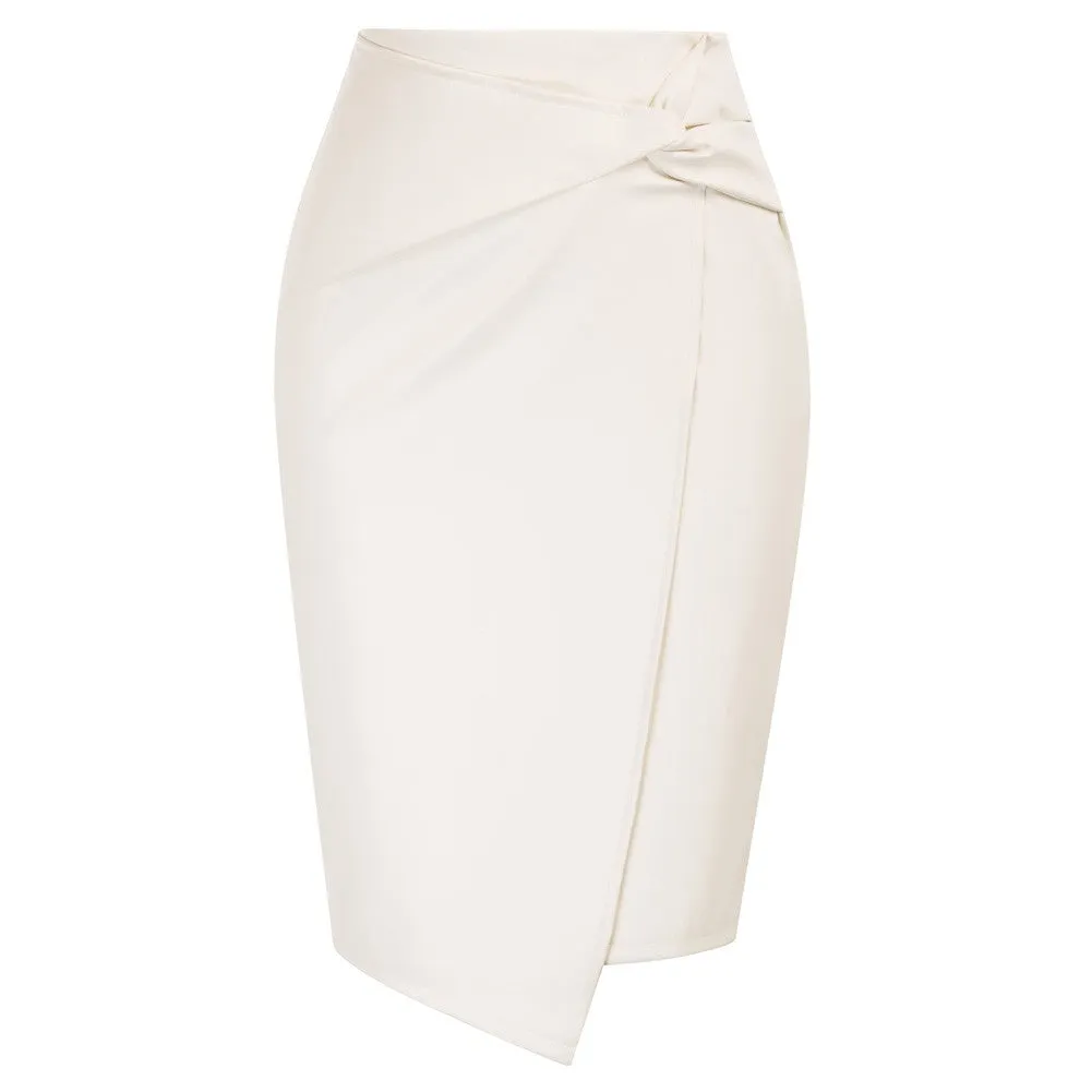 PU Leather Pencil Skirt Knee Length Knot-Front Hips-Wrapped Skirt
