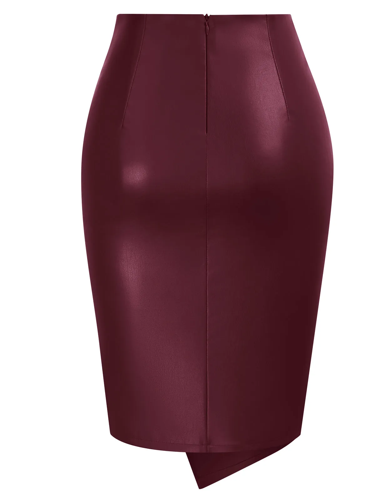 PU Leather Pencil Skirt Knee Length Knot-Front Hips-Wrapped Skirt