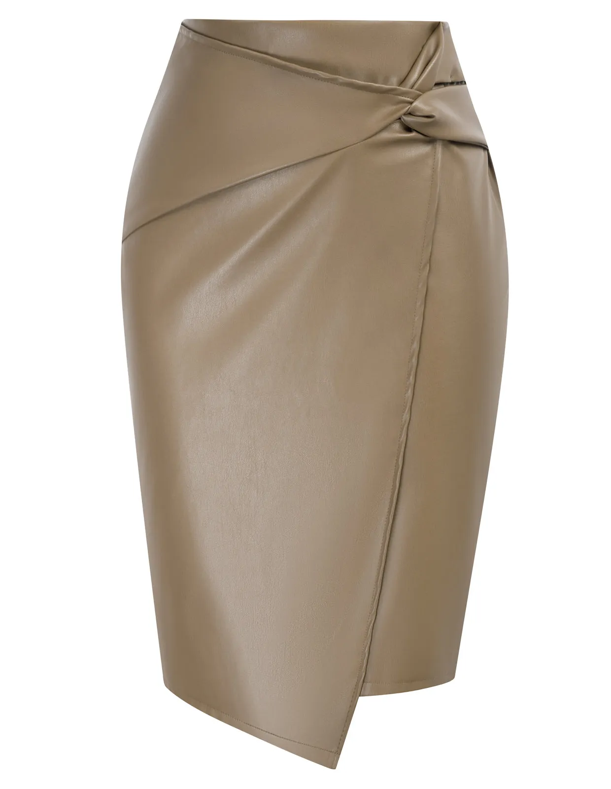 PU Leather Pencil Skirt Knee Length Knot-Front Hips-Wrapped Skirt