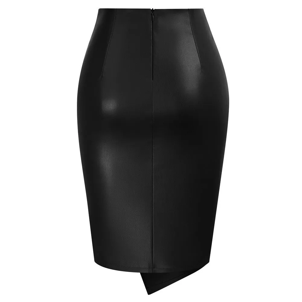 PU Leather Pencil Skirt Knee Length Knot-Front Hips-Wrapped Skirt