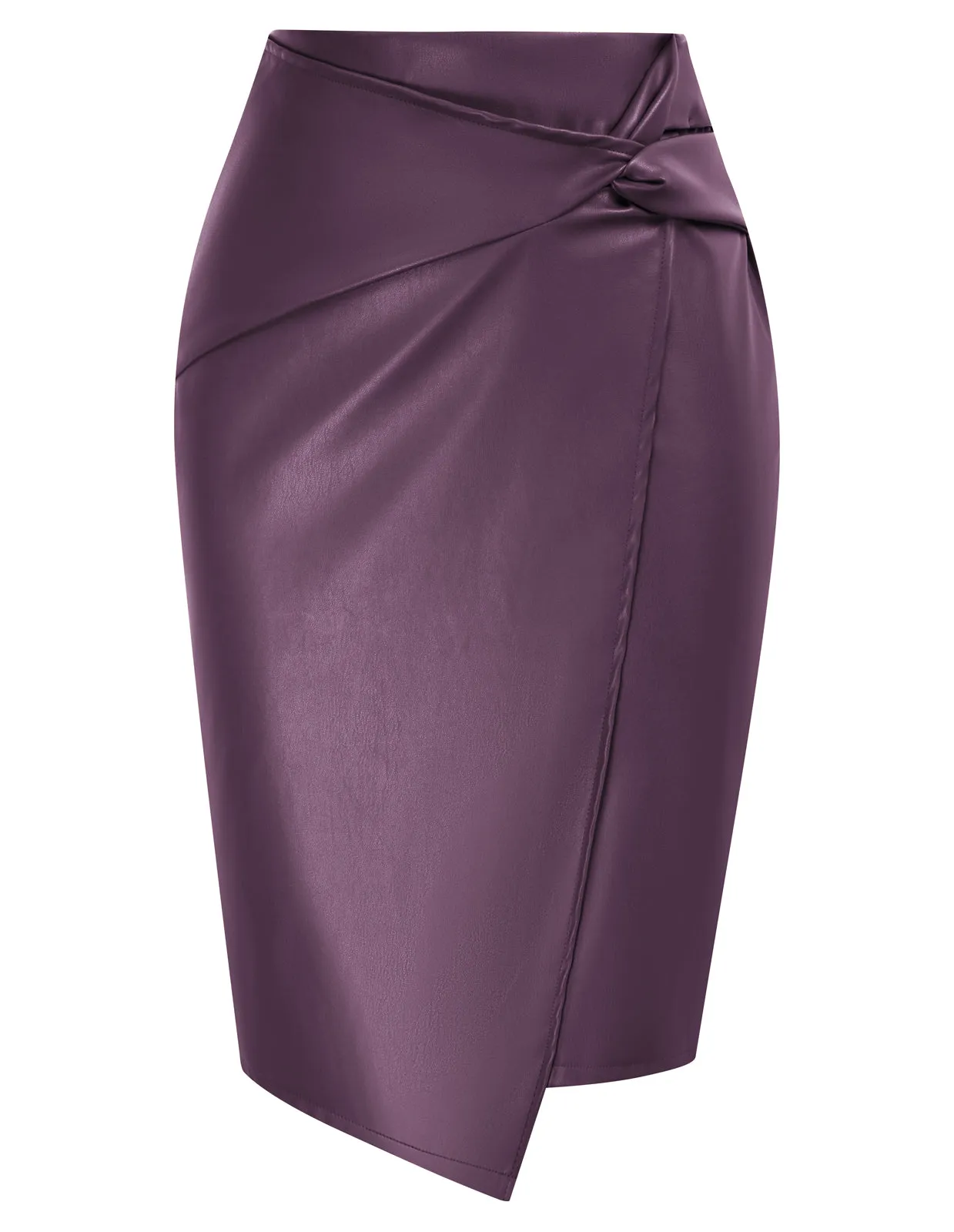 PU Leather Pencil Skirt Knee Length Knot-Front Hips-Wrapped Skirt