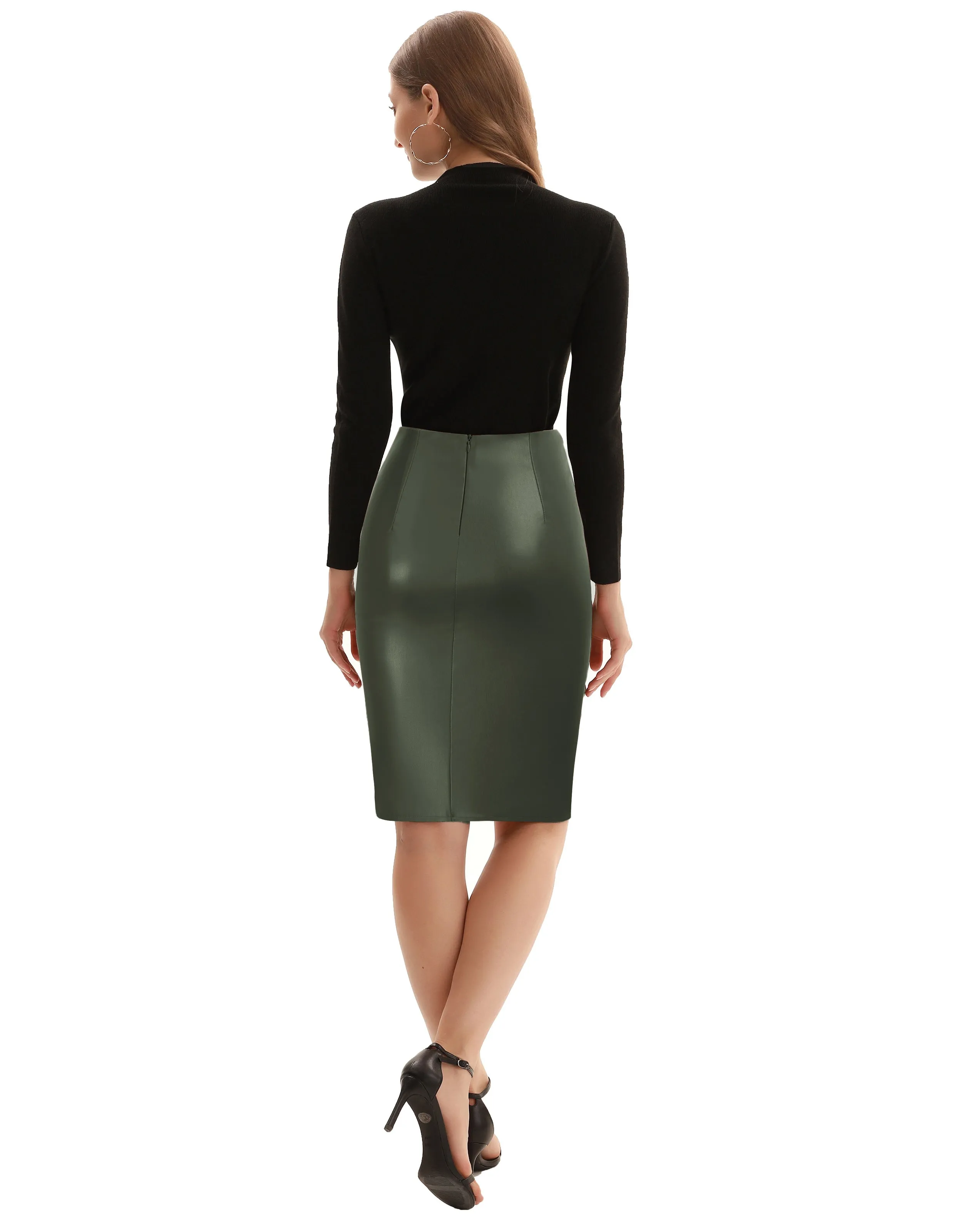 PU Leather Pencil Skirt Knee Length Knot-Front Hips-Wrapped Skirt