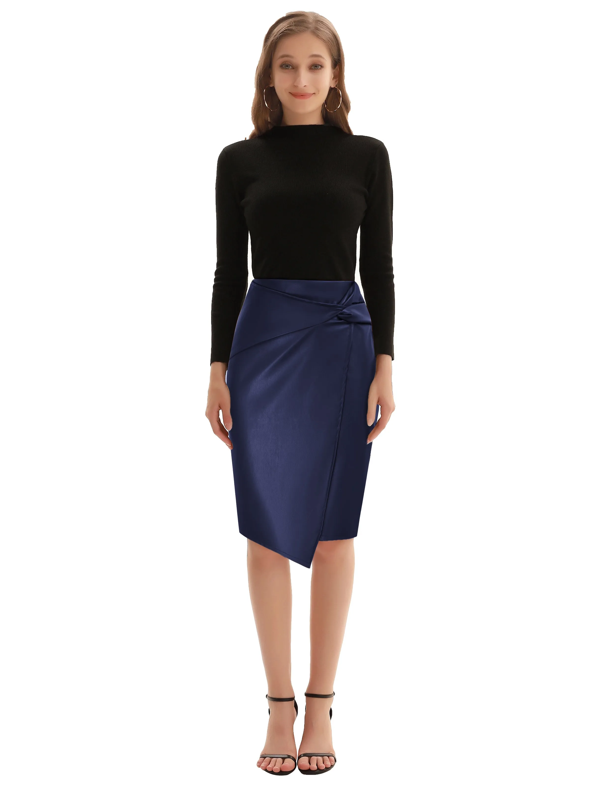 PU Leather Pencil Skirt Knee Length Knot-Front Hips-Wrapped Skirt