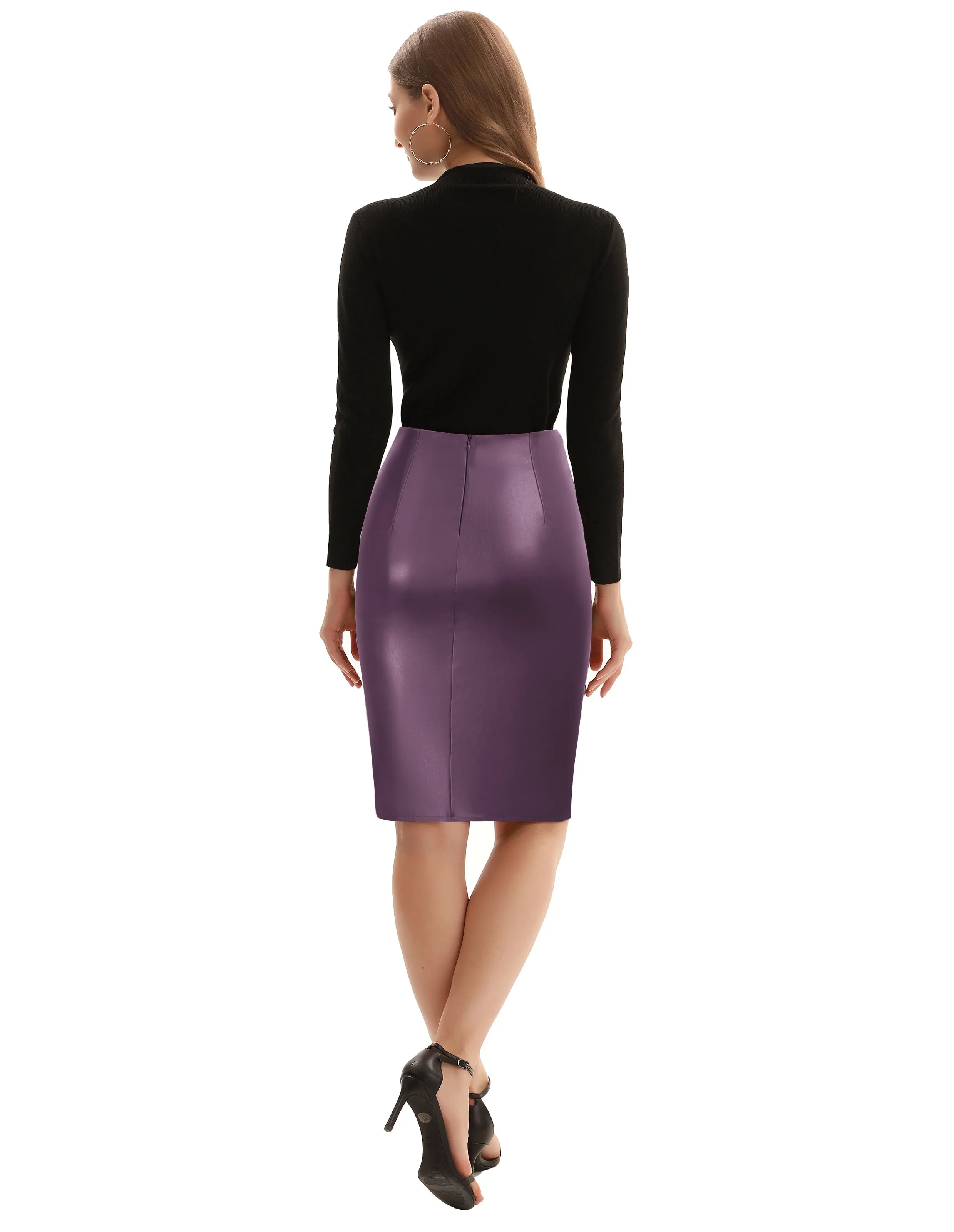 PU Leather Pencil Skirt Knee Length Knot-Front Hips-Wrapped Skirt