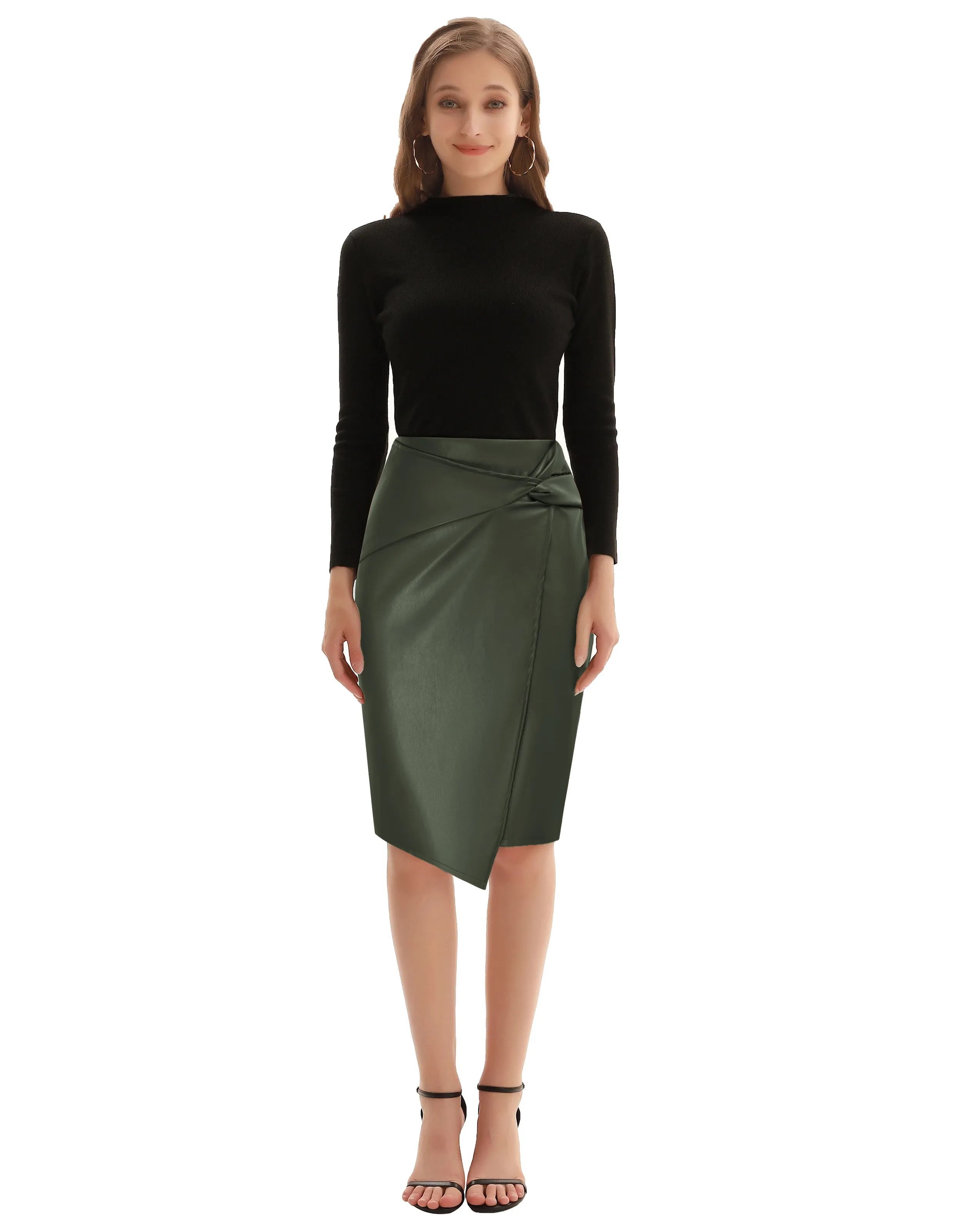 PU Leather Pencil Skirt Knee Length Knot-Front Hips-Wrapped Skirt