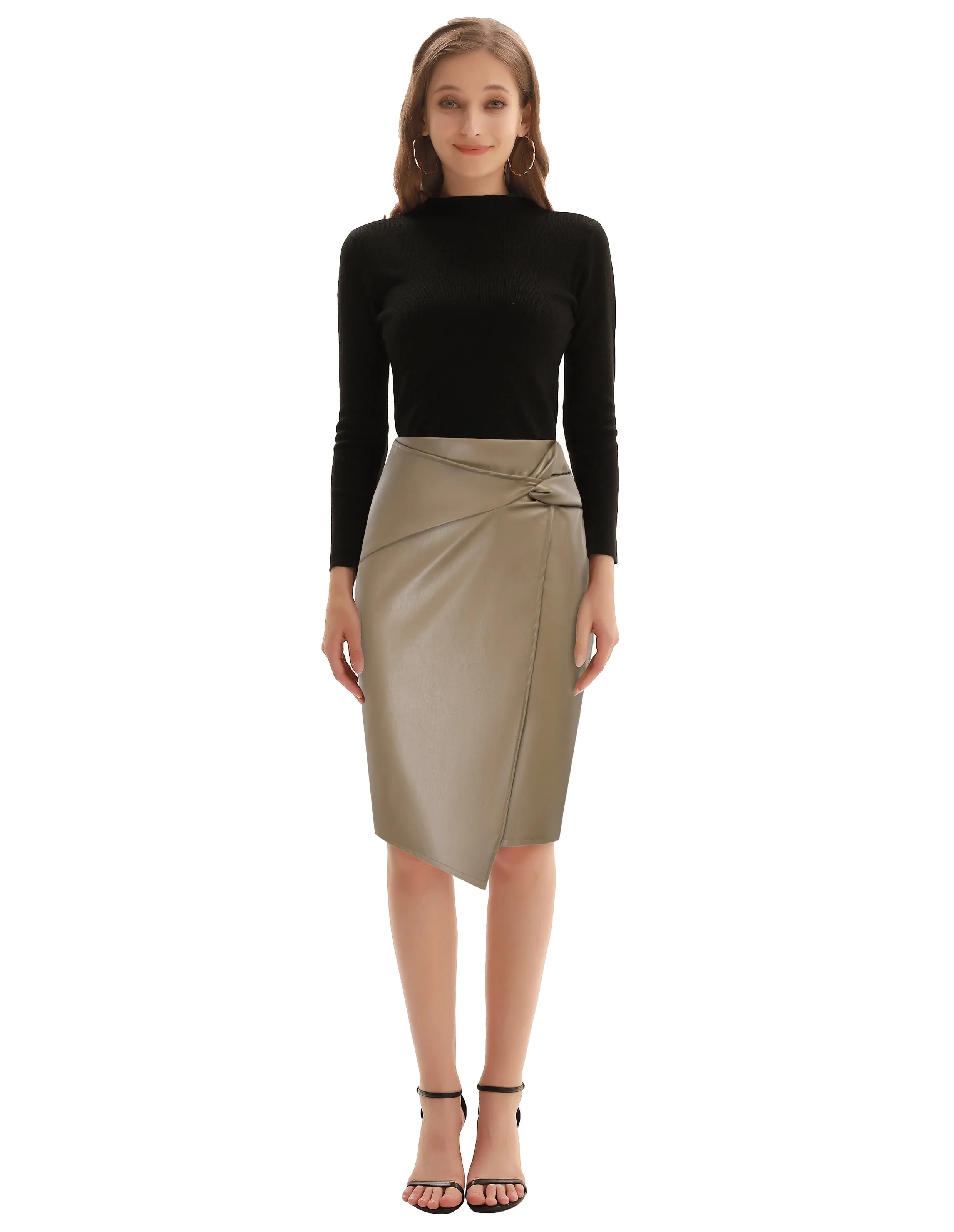 PU Leather Pencil Skirt Knee Length Knot-Front Hips-Wrapped Skirt