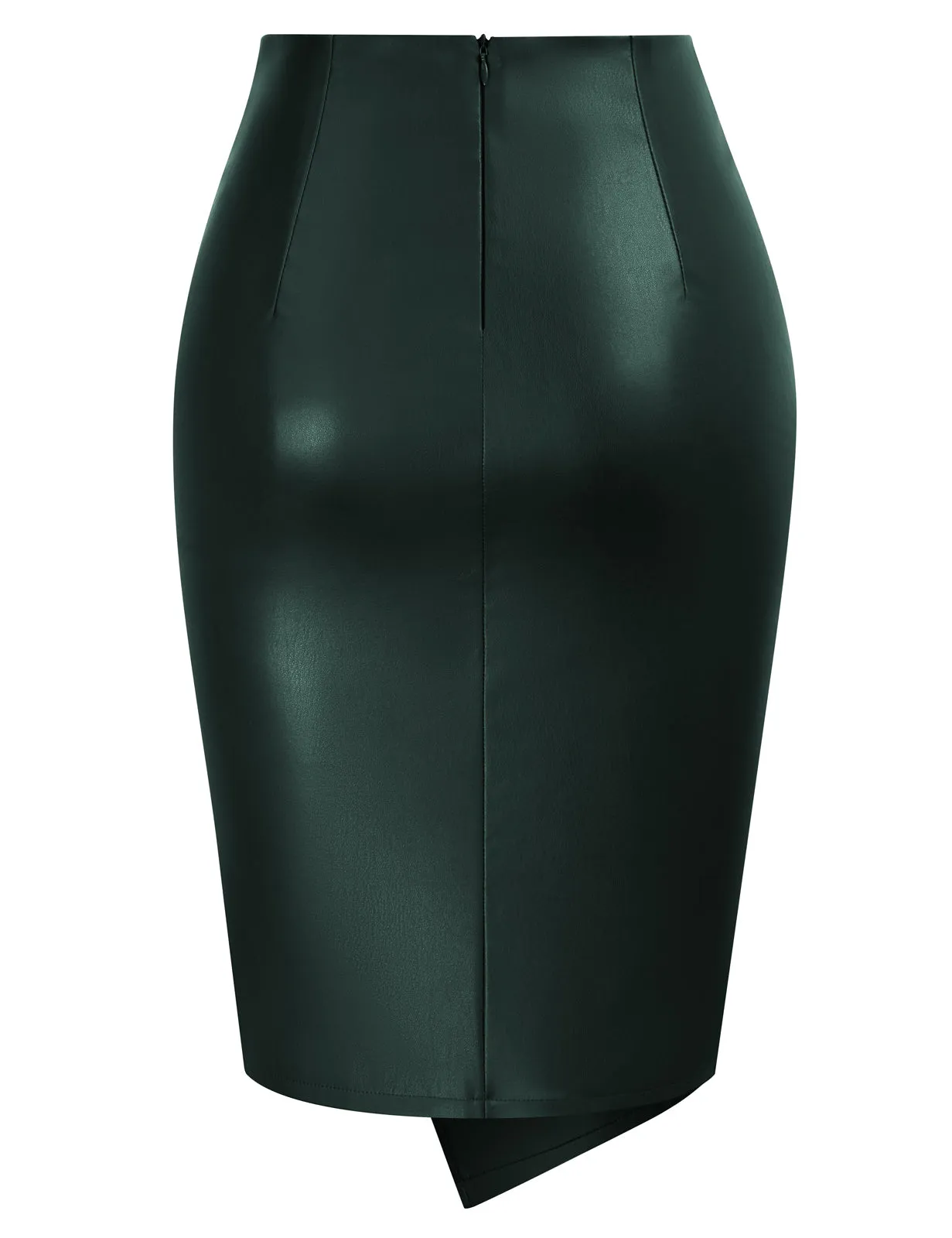 PU Leather Pencil Skirt Knee Length Knot-Front Hips-Wrapped Skirt